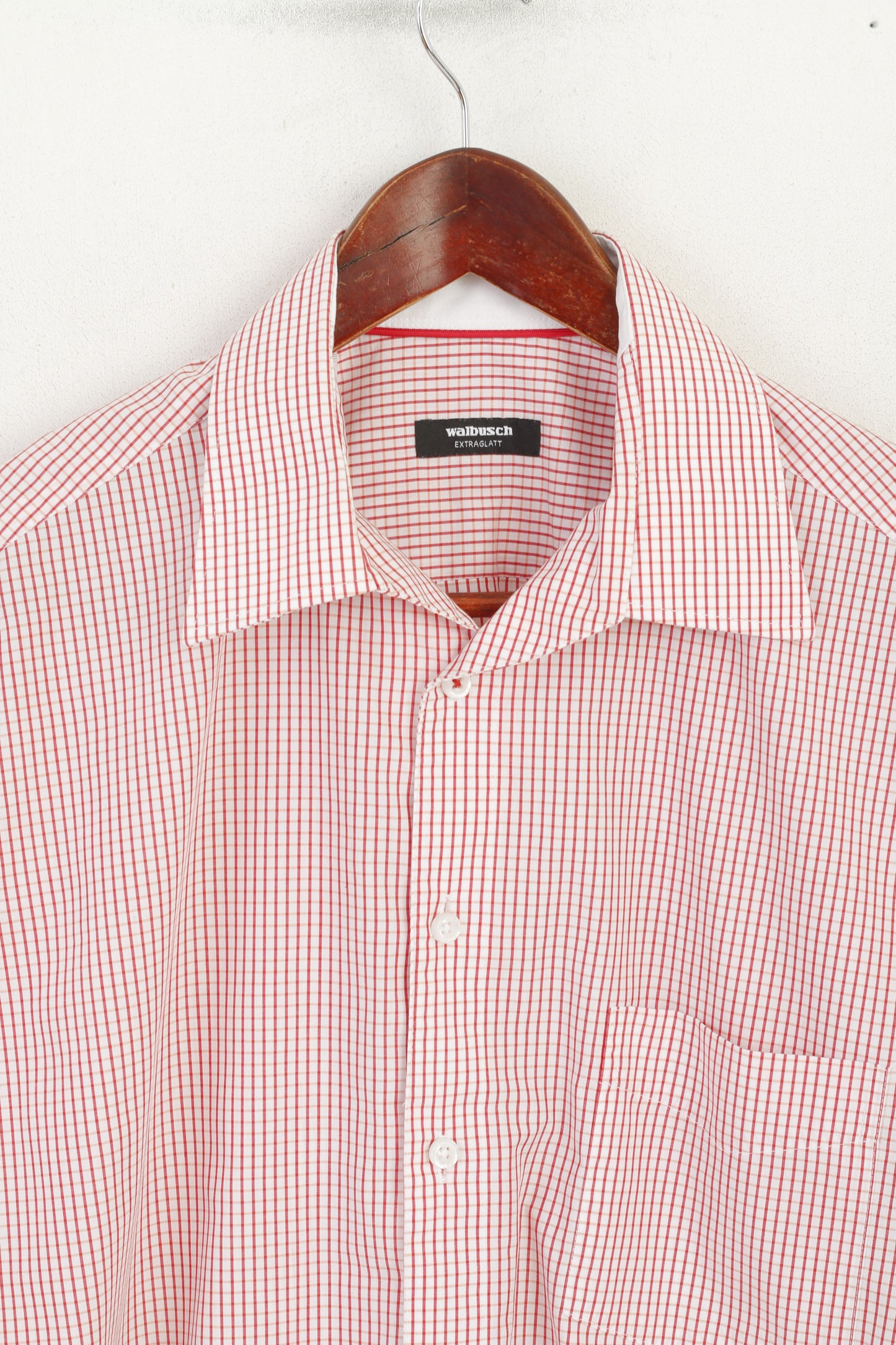 Walbusch Extraglatt Men 41 L Casual Shirt Red Check Cotton Short Sleeve Comfort Fit Top