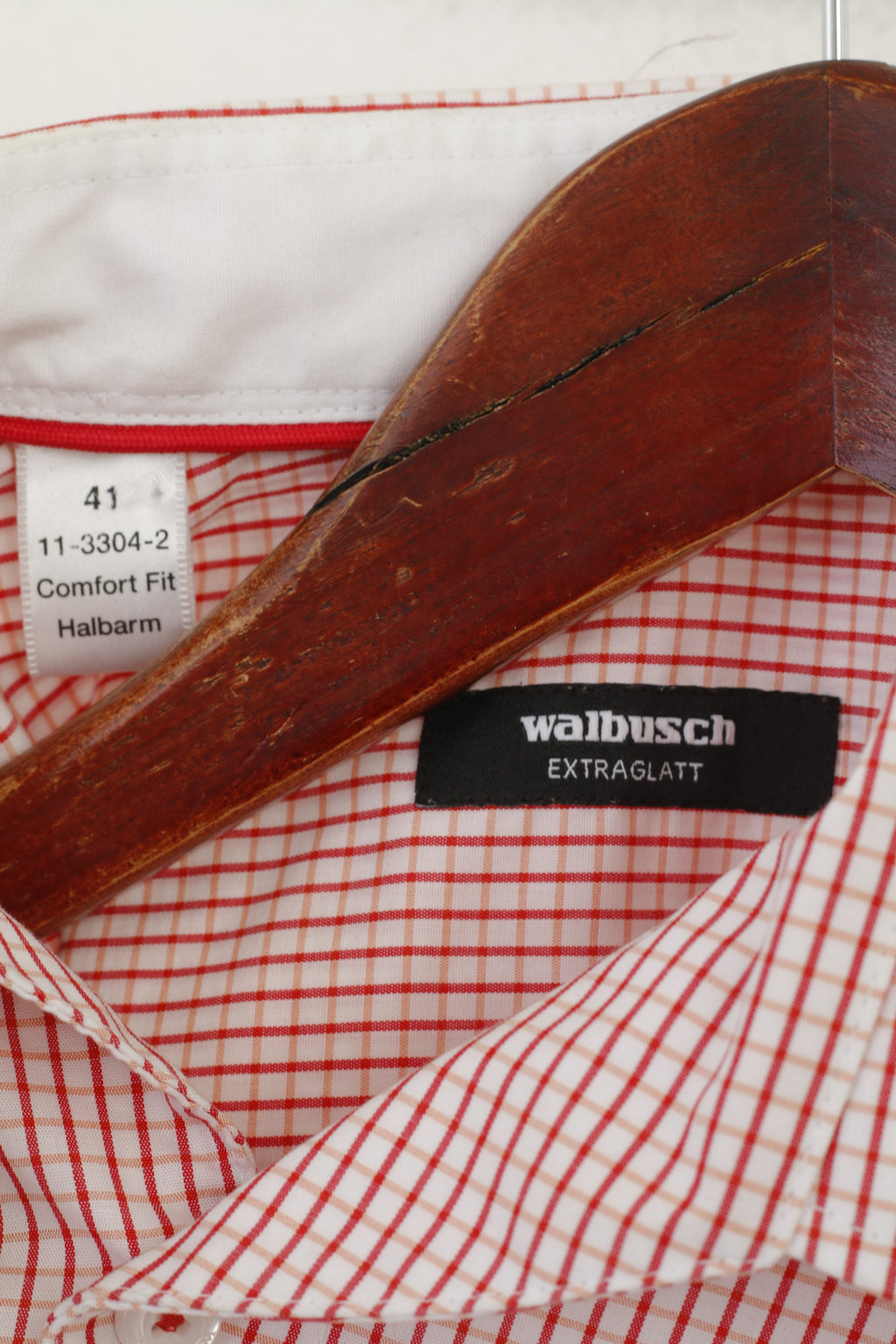 Walbusch Extraglatt Men 41 L Casual Shirt Red Check Cotton Short Sleeve Comfort Fit Top