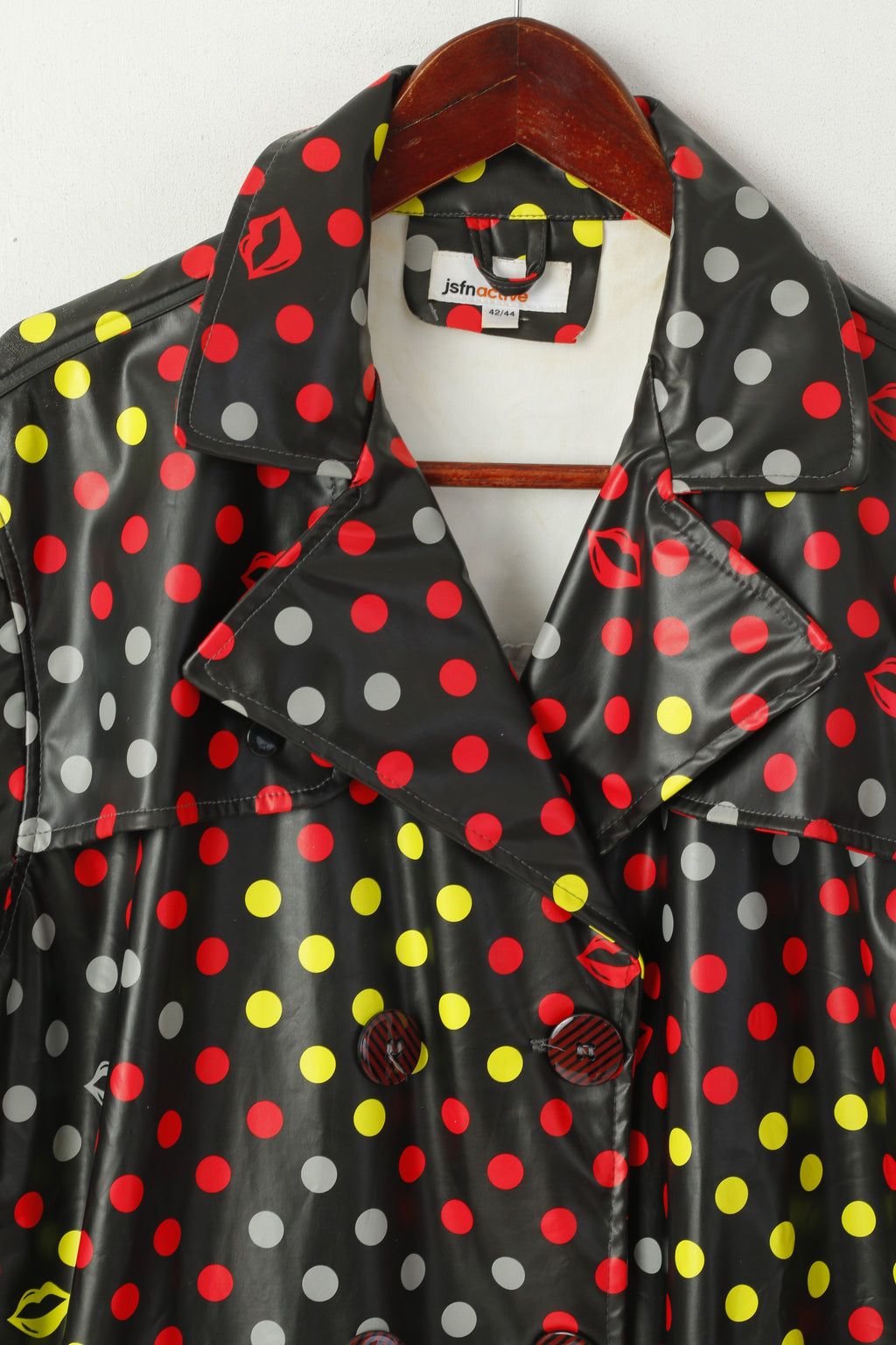 Jsfn active femmes 42/44 L veste noir brillant Pop Art Double boutonnage points lèvres haut