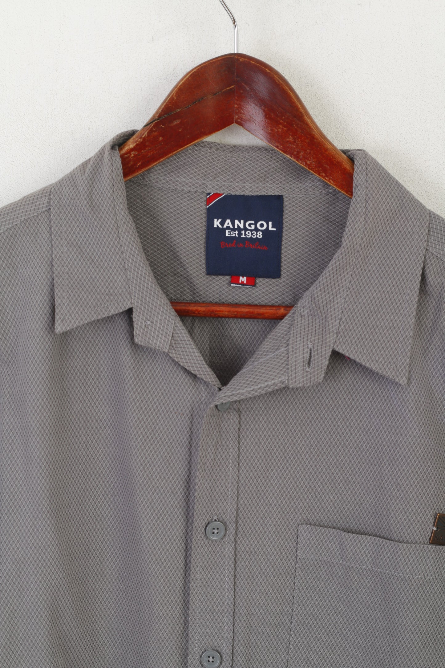 Kangol Men M Casual Shirt Gryy Cotton Thin Vintage Pocket Long Sleeve Top