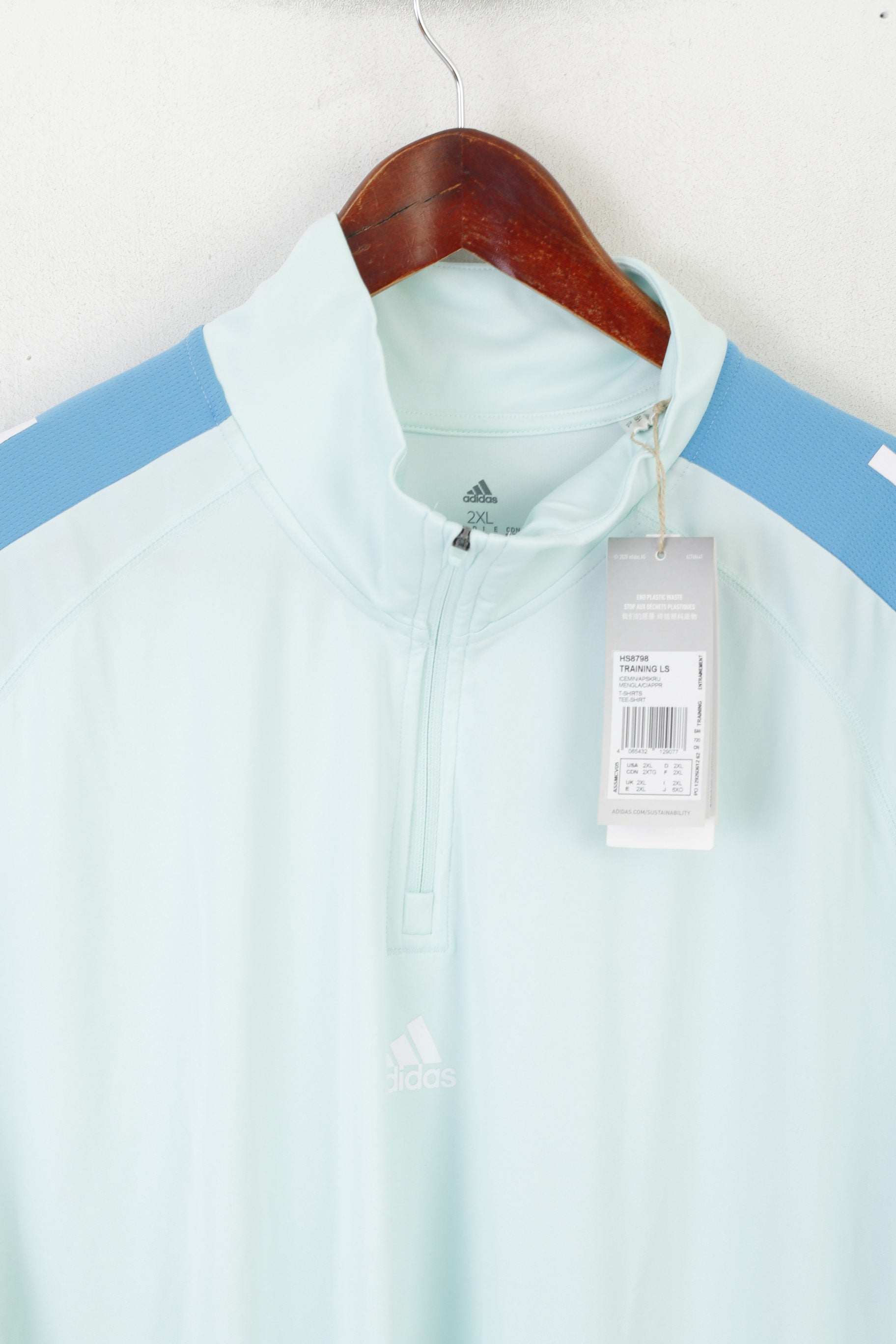 Nouveau Adidas hommes 2XL chemise bleu coupe ajustée entraînement col zippé vêtements de sport haut à manches longues