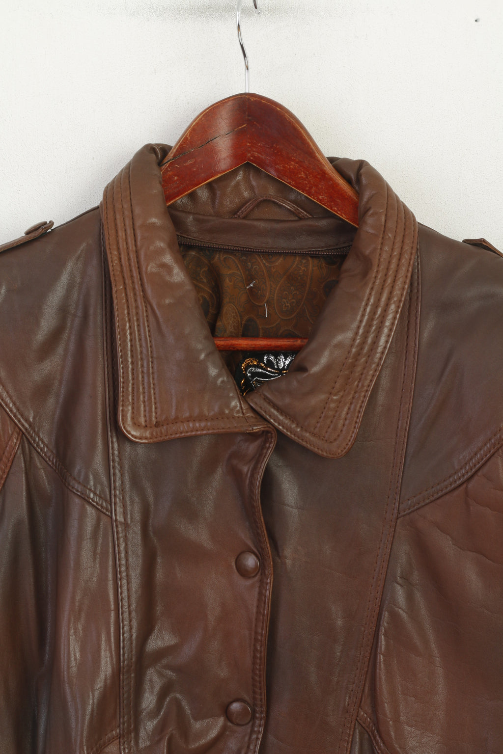 Tigers Royal Women M Bomber Jacket Brown Leather Snap Shoulder Pads Vintage Top