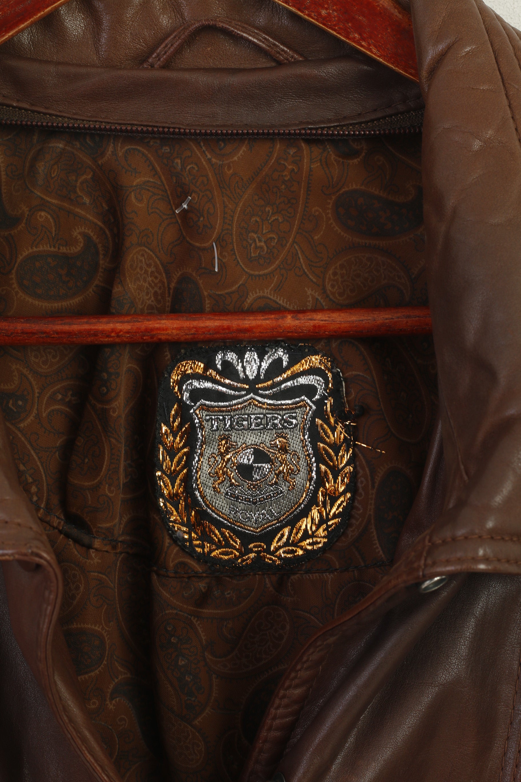 Tigers Royal Women M Bomber Jacket Brown Leather Snap Shoulder Pads Vintage Top