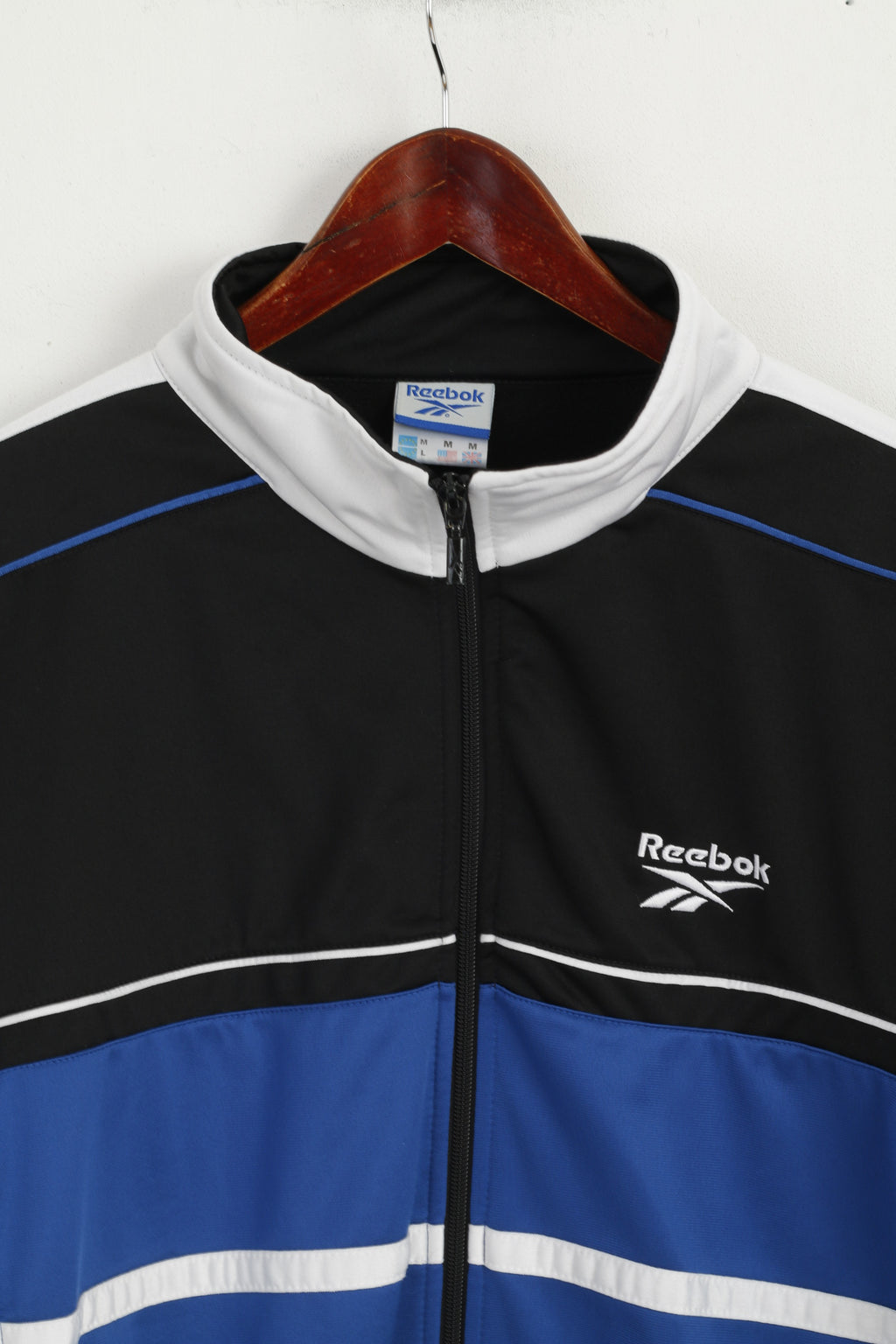 Reebok Men M Sweatshirt Black Shiny Vintage Full Zipper Logo Tracksuit Top