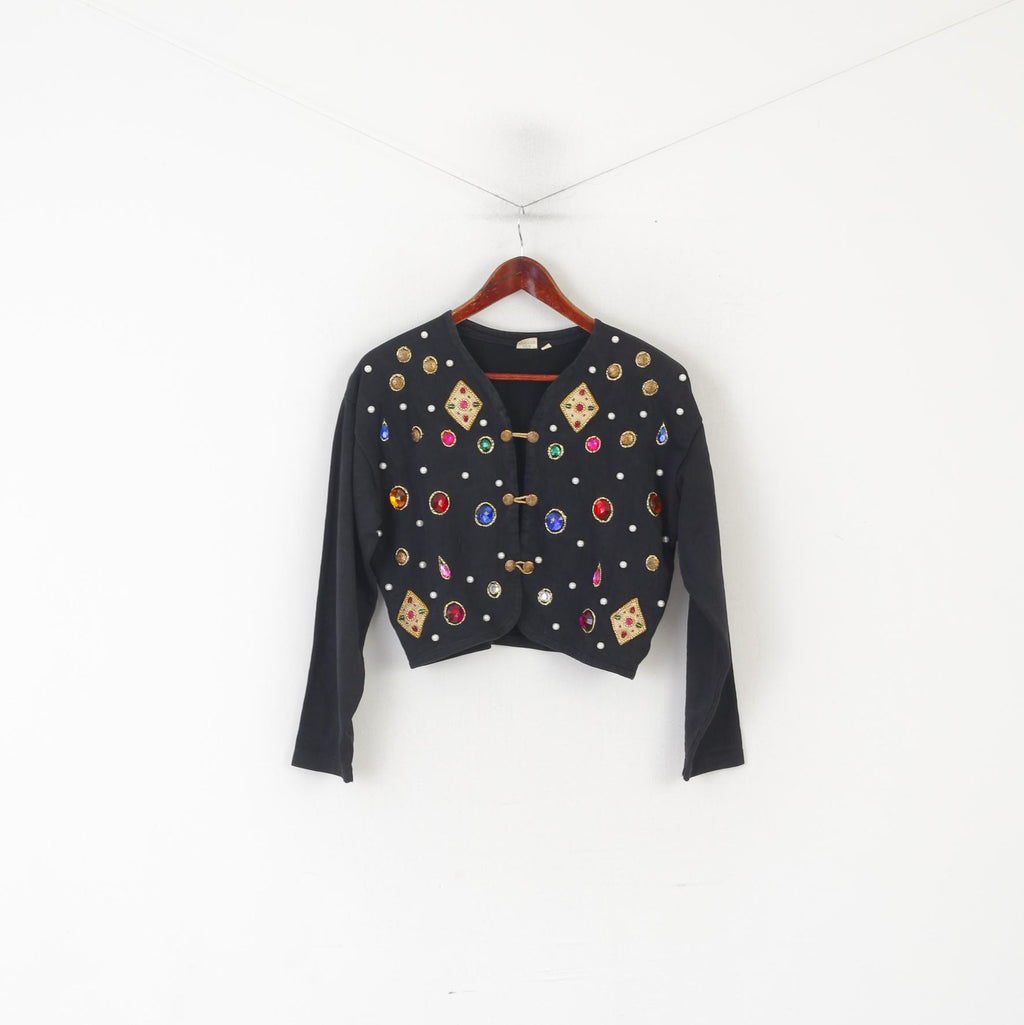 Blazer vintage da donna 38 M. Top in cotone nero con gemme di perle e spalline vintage