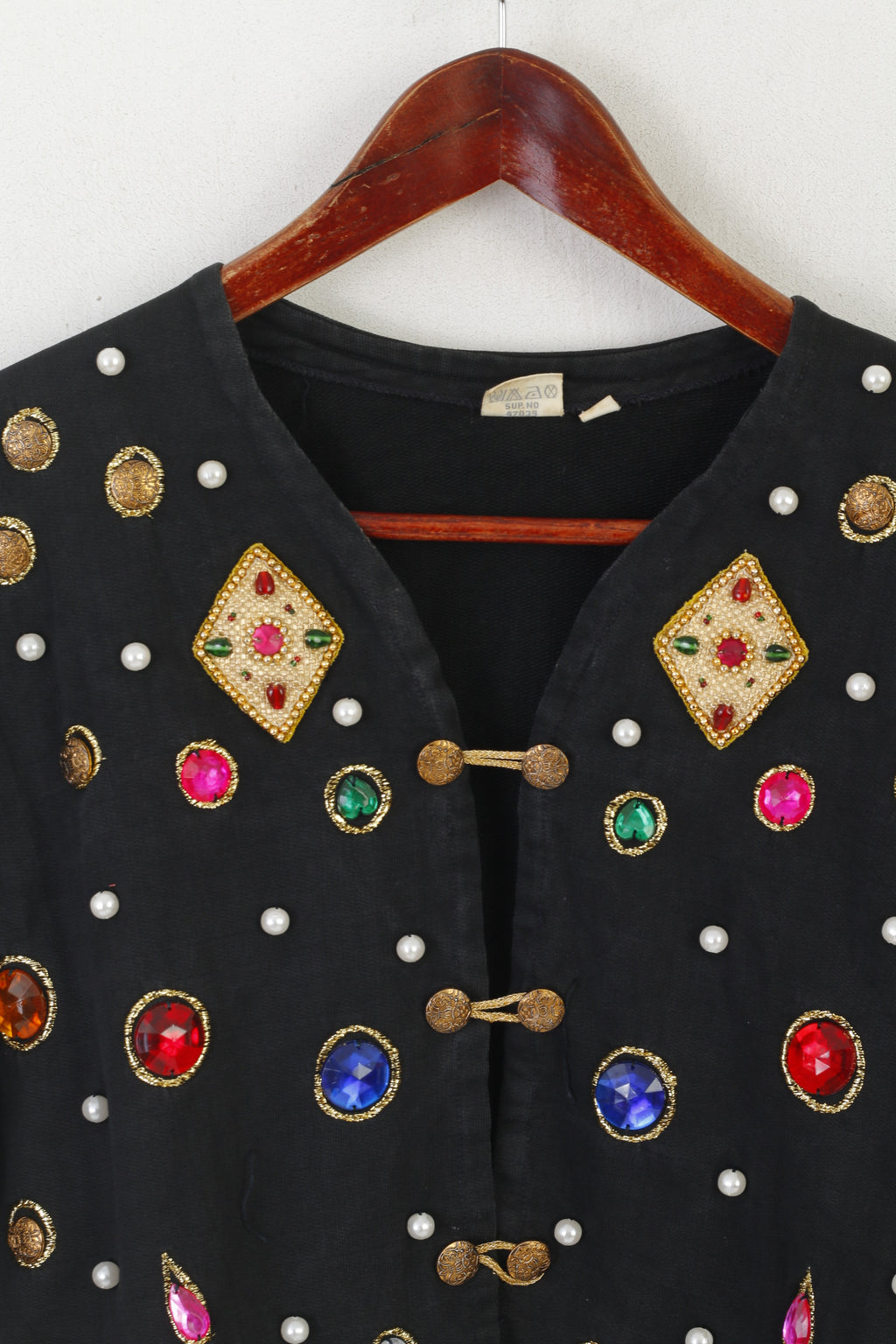 Blazer vintage da donna 38 M. Top in cotone nero con gemme di perle e spalline vintage