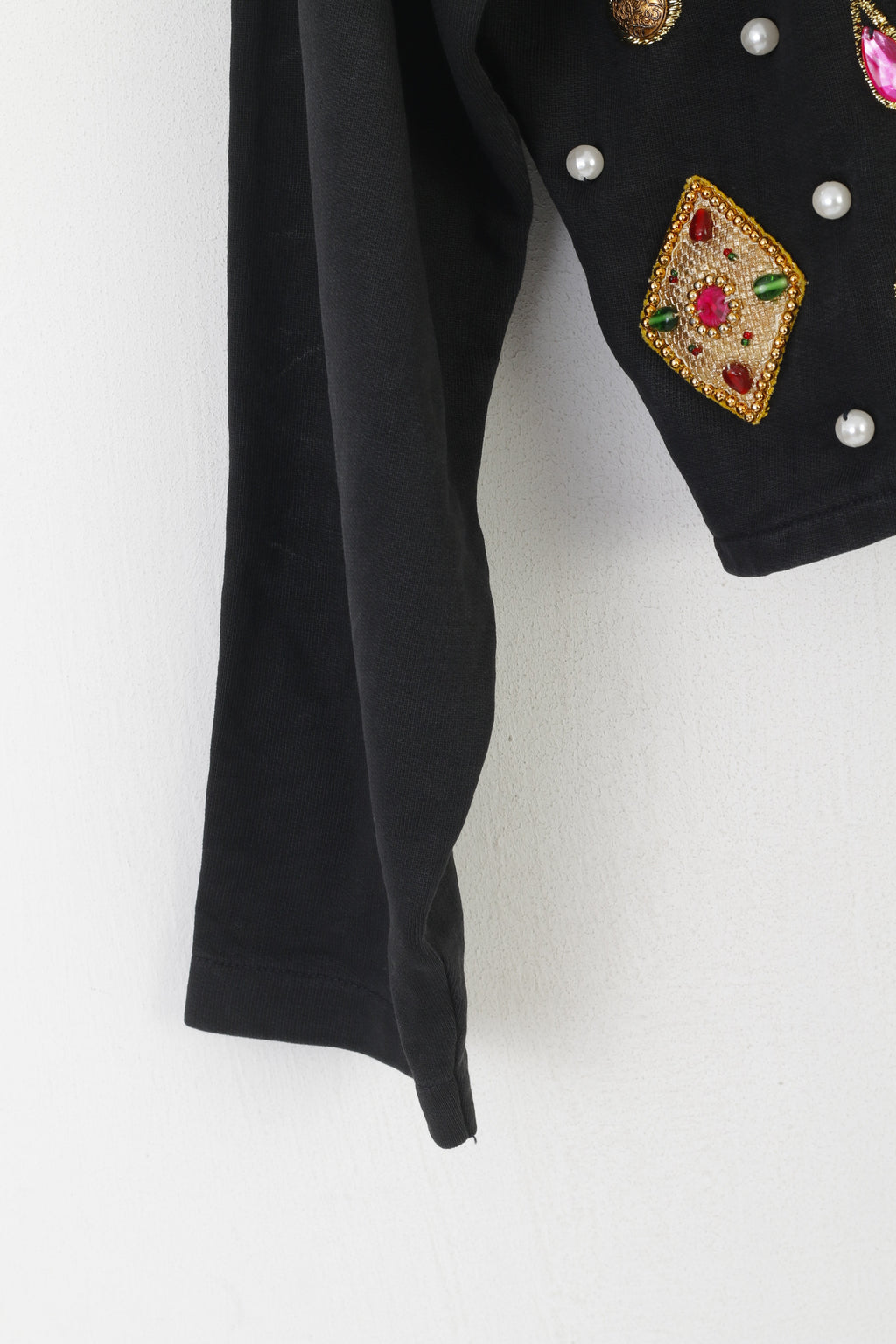 Blazer vintage da donna 38 M. Top in cotone nero con gemme di perle e spalline vintage