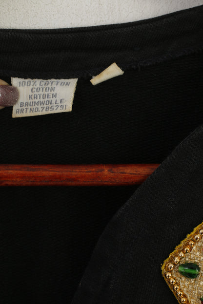 Vintage Women 38 M Blazer Black Cotton Gems Pearls Vintage Shoulder Pads Top