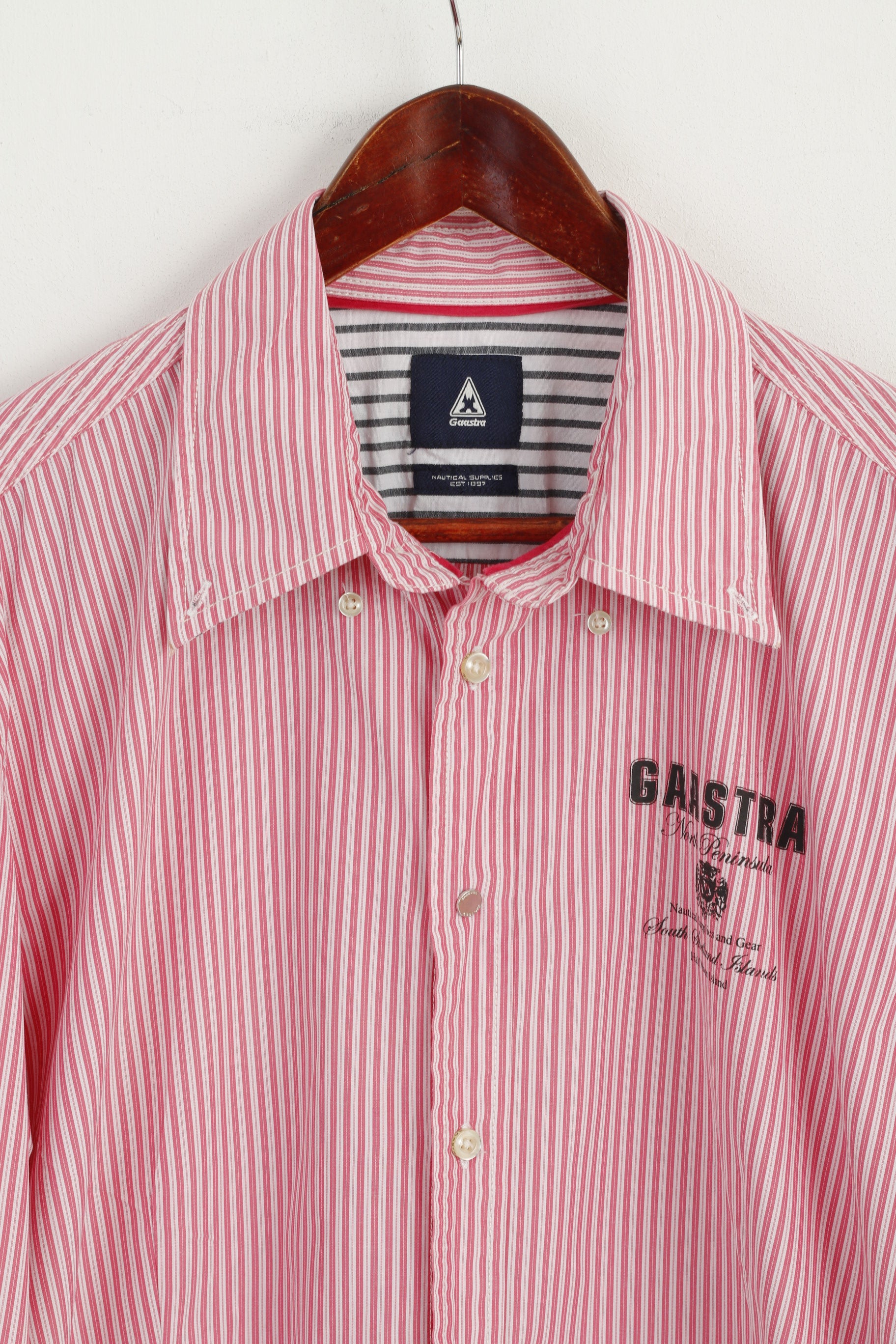 Gaastra Men XL Casual Shirt Pink Striped Cotton North Peninsula Island Long Sleeve Top