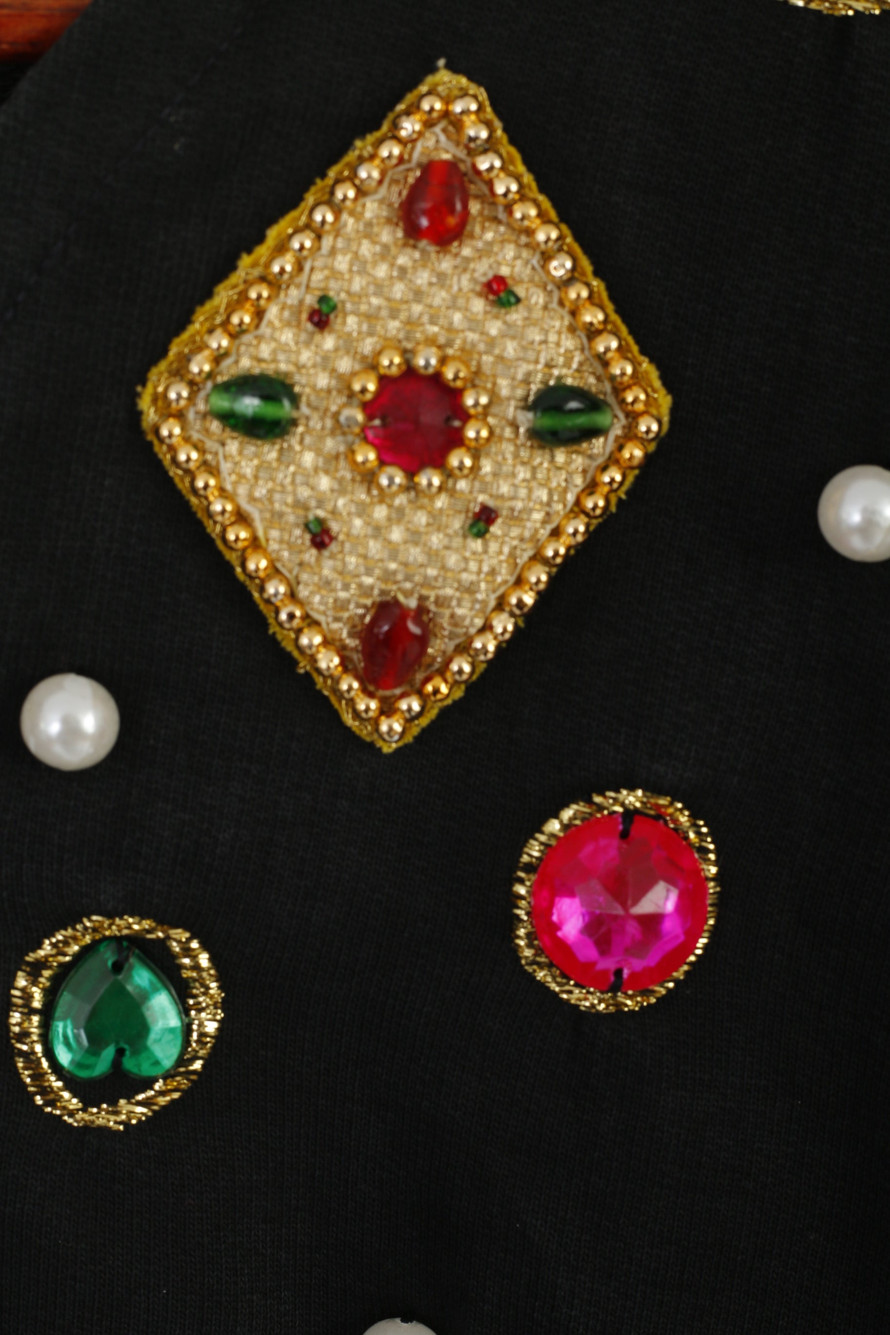 Blazer vintage da donna 38 M. Top in cotone nero con gemme di perle e spalline vintage