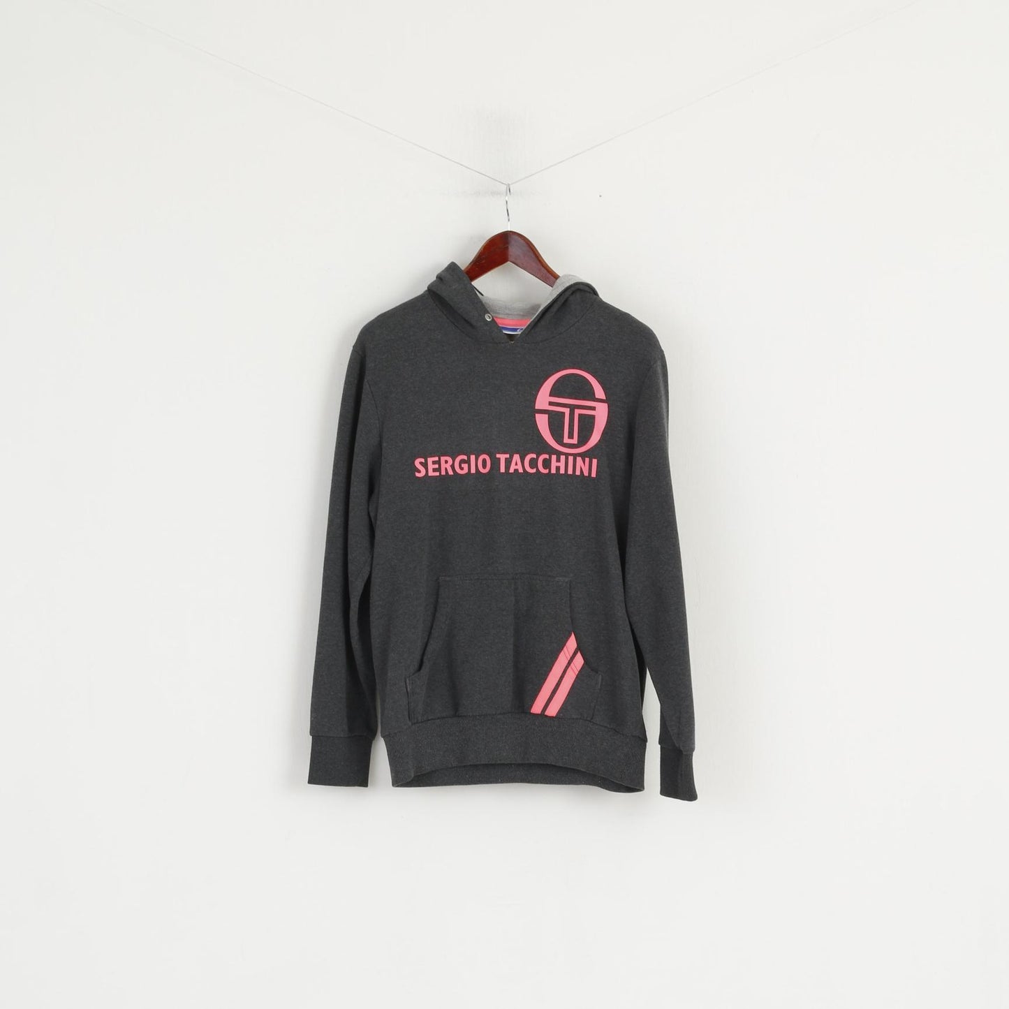 Sergio Tacchini Femmes M Sweat Gris Coton À Capuche Rose Logo Sport Top