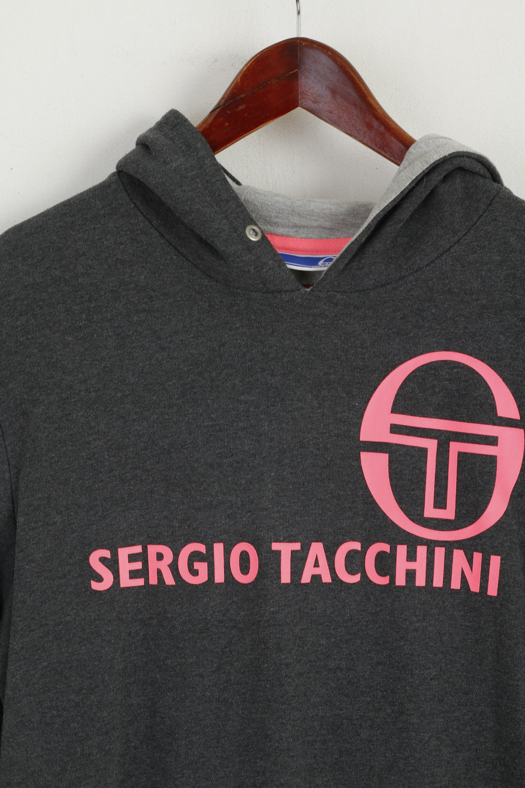 Sergio Tacchini Women M Sweatshirt Gray Cotton Hooded Pink Logo Sport Top