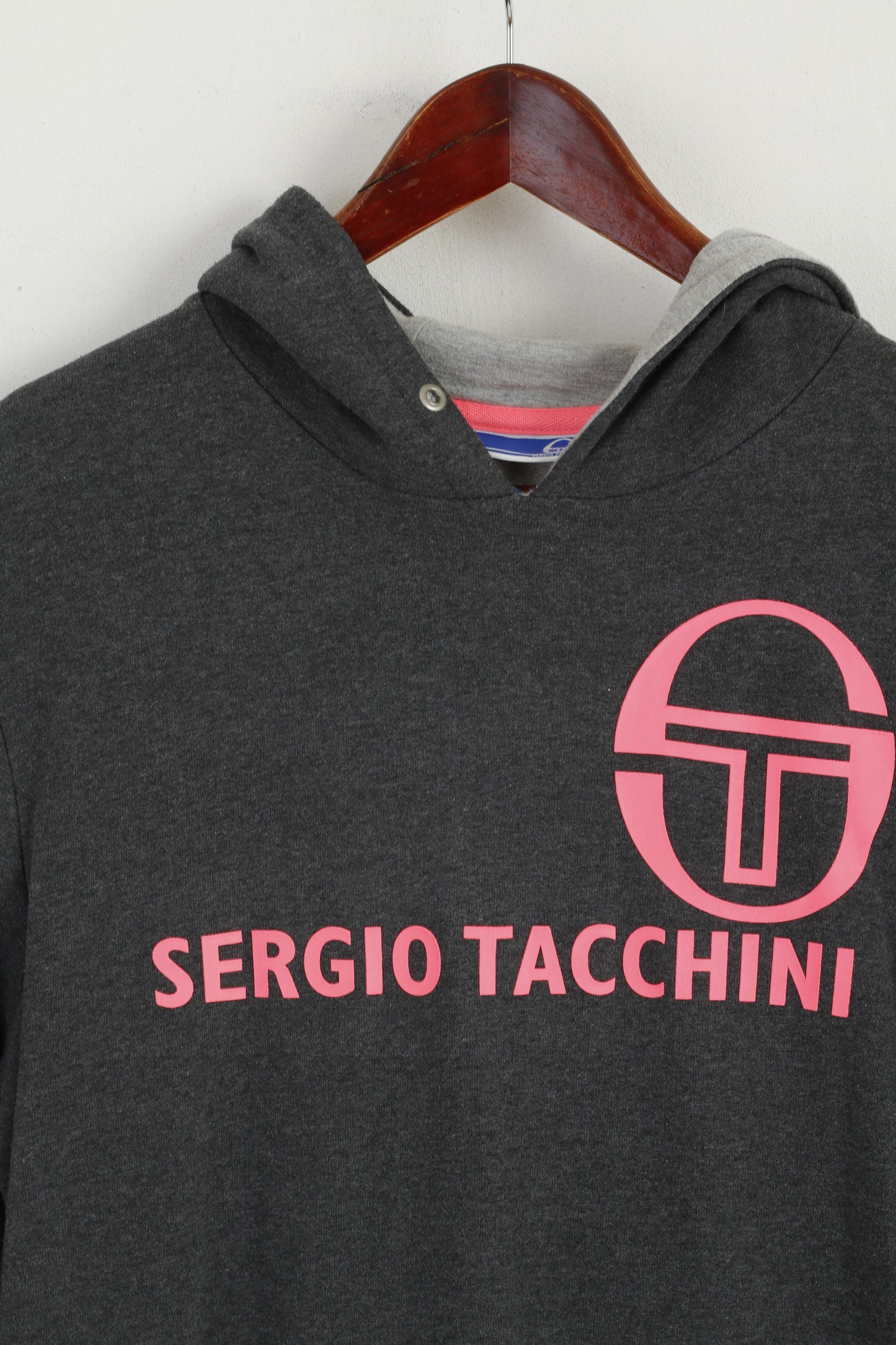 Sergio Tacchini Women M Sweatshirt Gray Cotton Hooded Pink Logo Sport Top