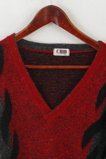 Gabicci Concept Design Men L Jumper Rouge Gris Col V Vintage Classique Pull