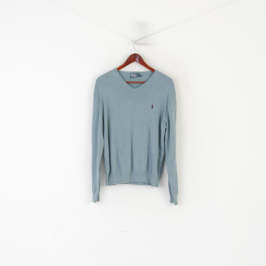 Polo by Ralph Lauren Men L Jumper Green Blue 100% Cotton V Neck Sweater