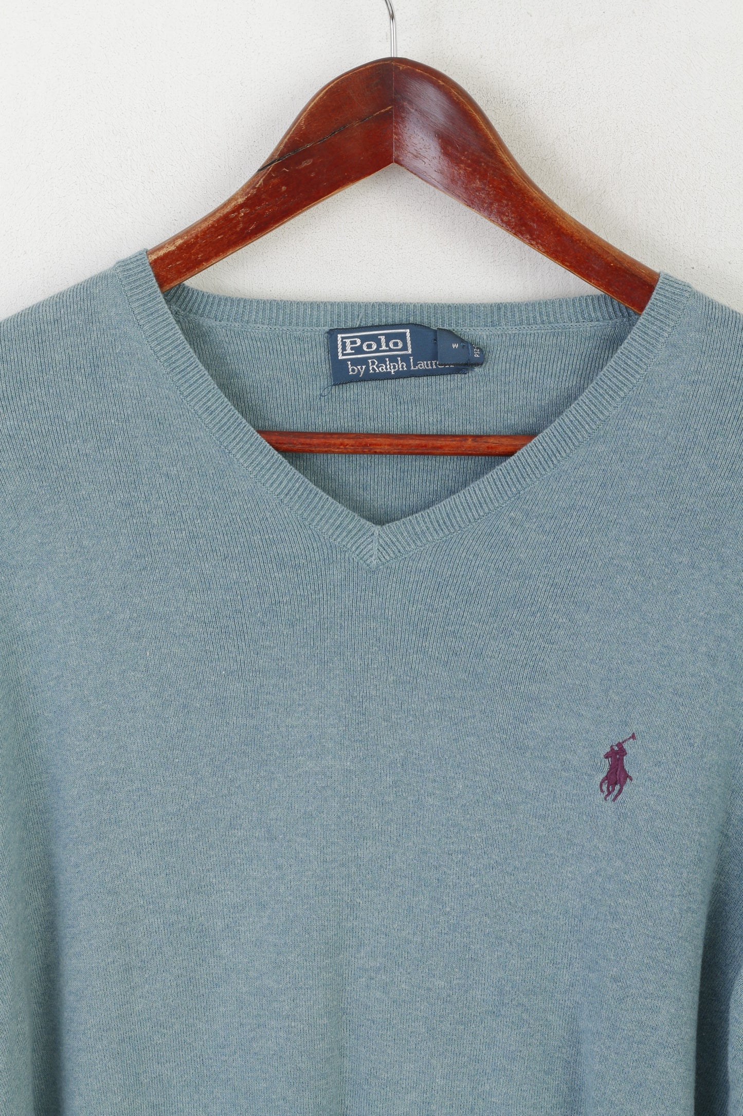 Polo by Ralph Lauren Men L Jumper Green Blue 100% Cotton V Neck Sweater