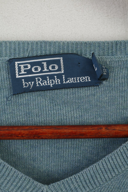 Polo by Ralph Lauren Men L Jumper Green Blue 100% Cotton V Neck Sweater