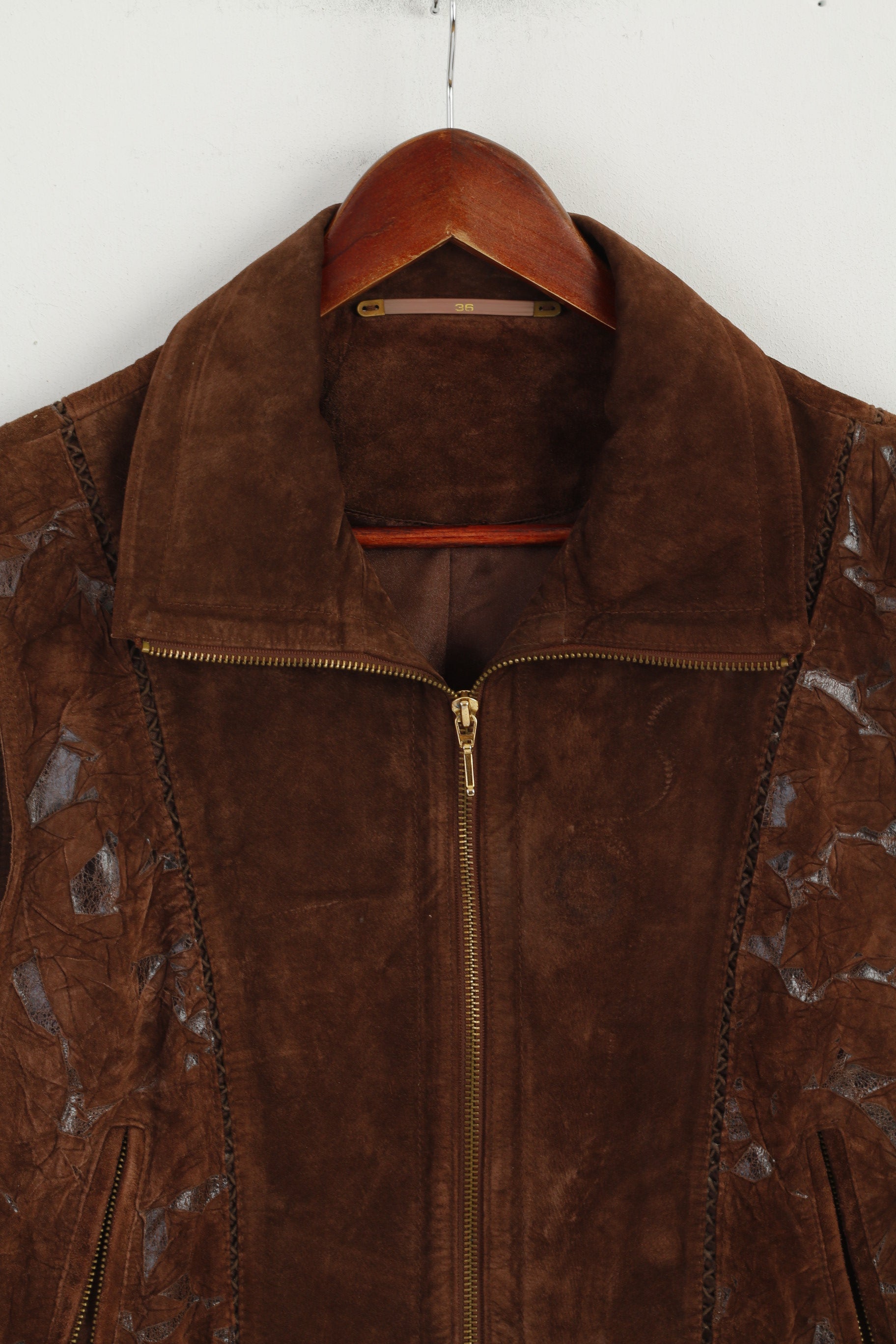 New Fast C&A Women 36 10 Vest Brown Leather Pig Suede Full Zipper Detailed Top