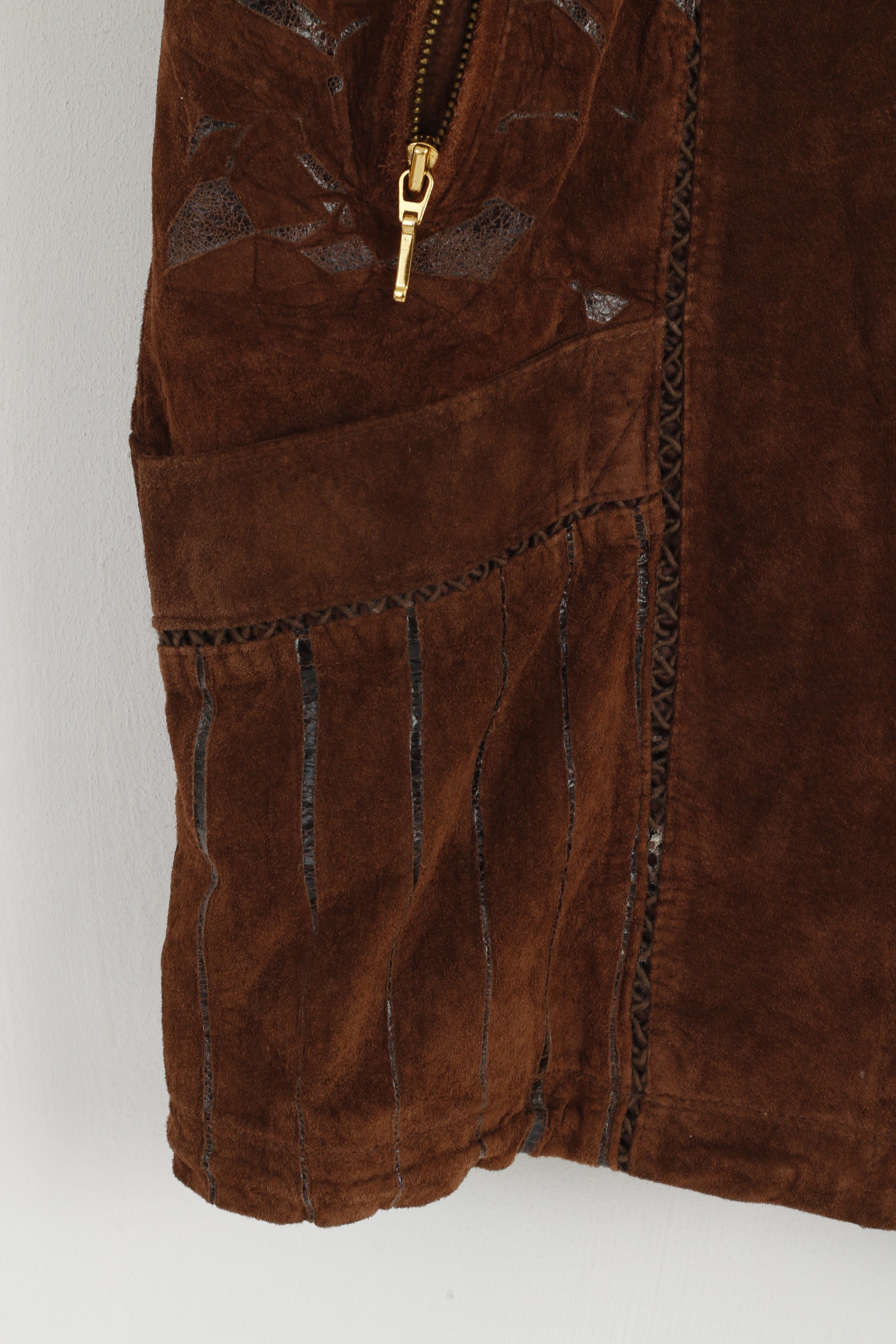 New Fast C&A Women 36 10 Vest Brown Leather Pig Suede Full Zipper Detailed Top
