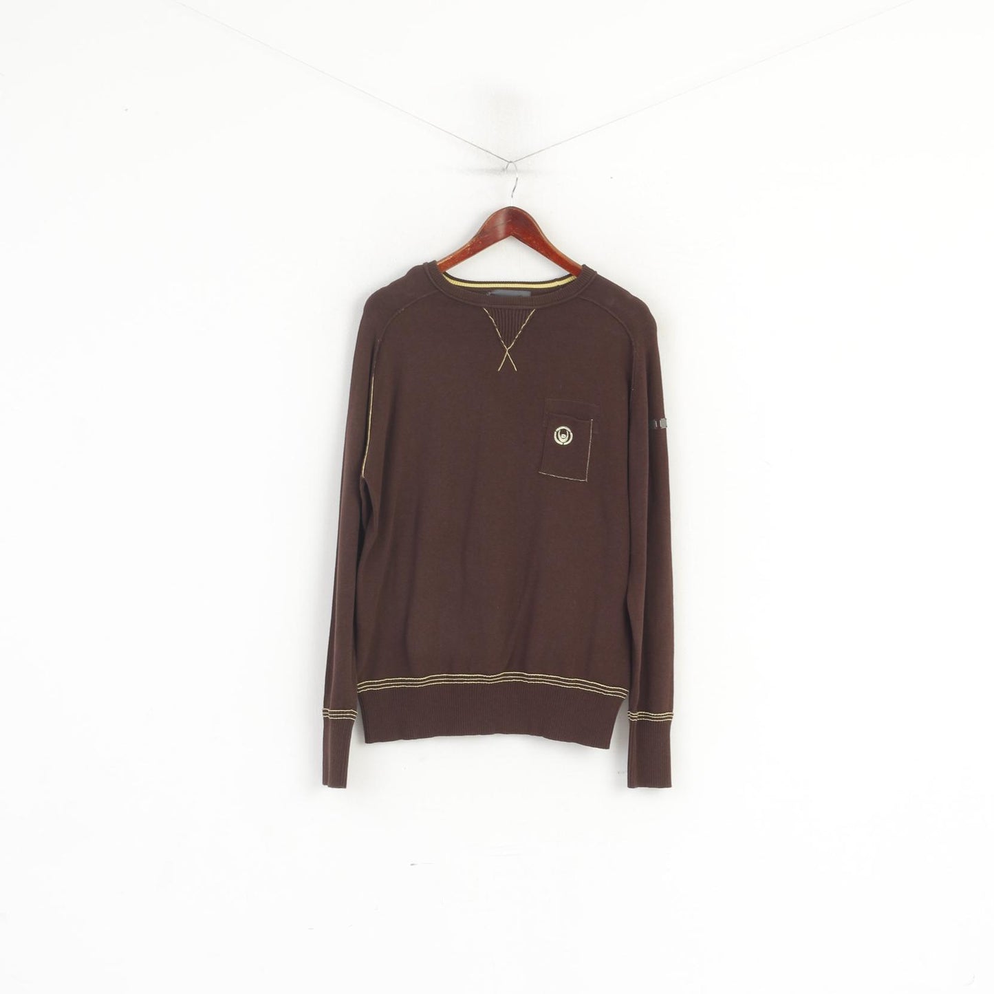 Duck and Cover Men M Jumper Brown Cotton Pocket Classic Plain Sweater