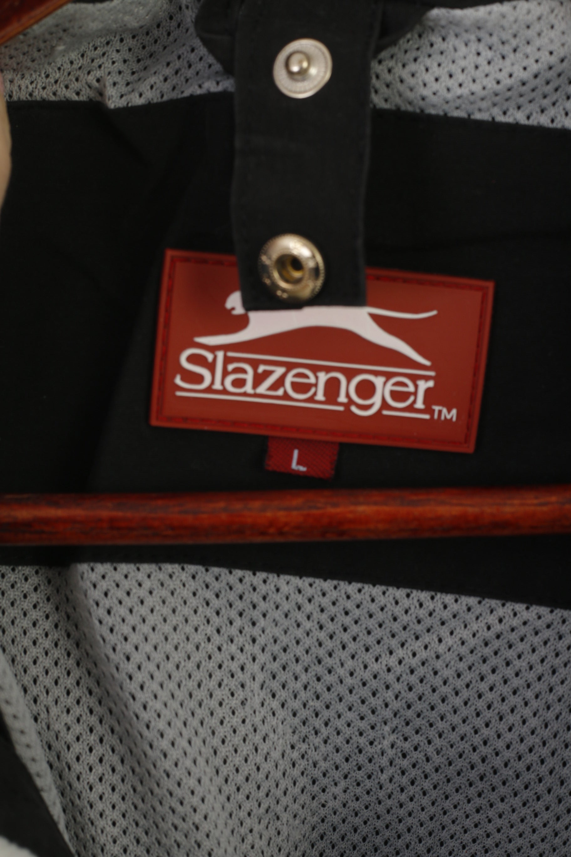 Slazenger Hommes L Veste Noir Coton Nylon À Capuche Extérieure Fermeture Éclair Complète Vintage Top