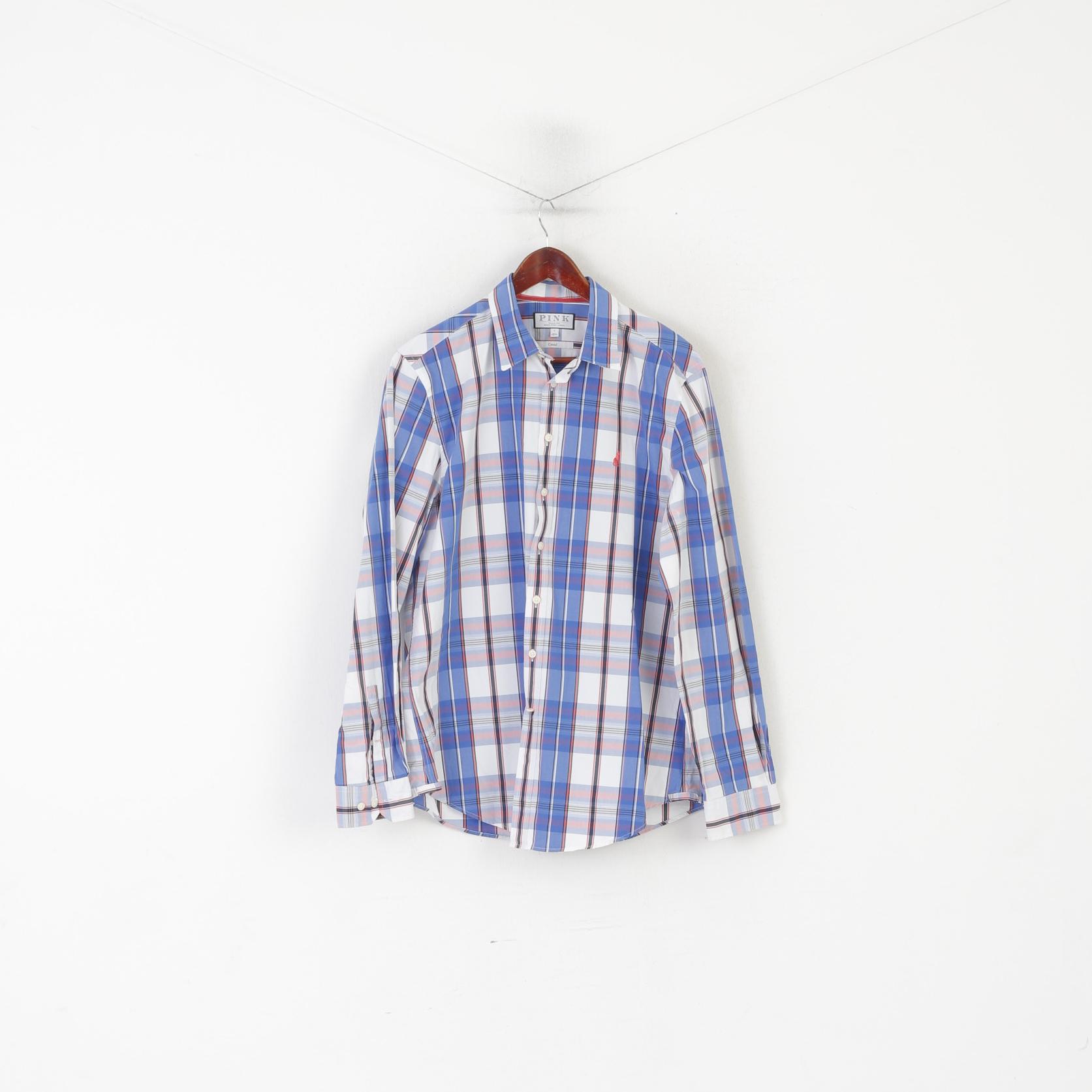 Thomas Pink London Men L Casual Shirt Blue Cotton Check Long Sleeve Top