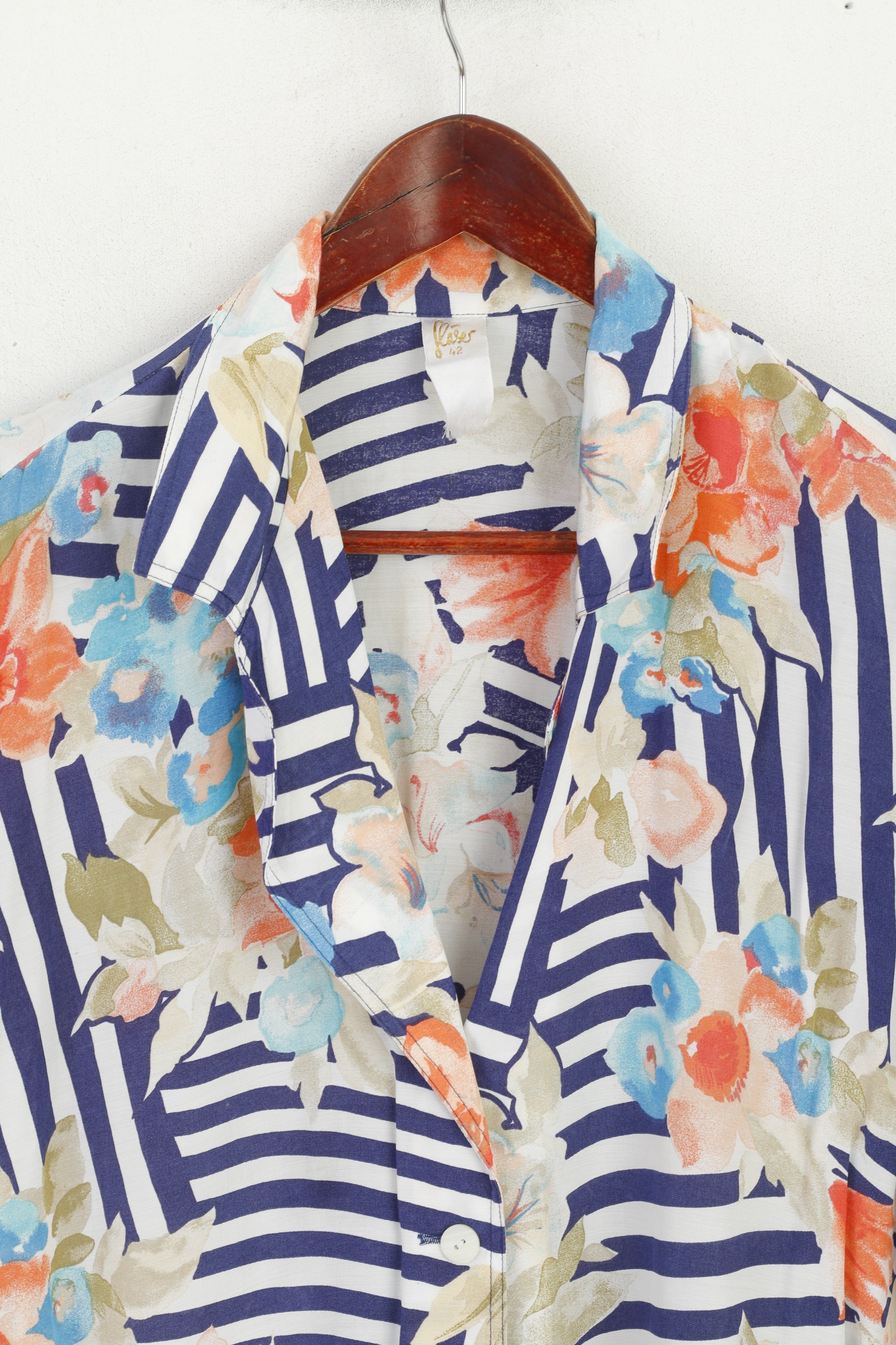 Flaser Women 42 XL Casual Shirt Blue Striped Floral Print Viscose Blouse