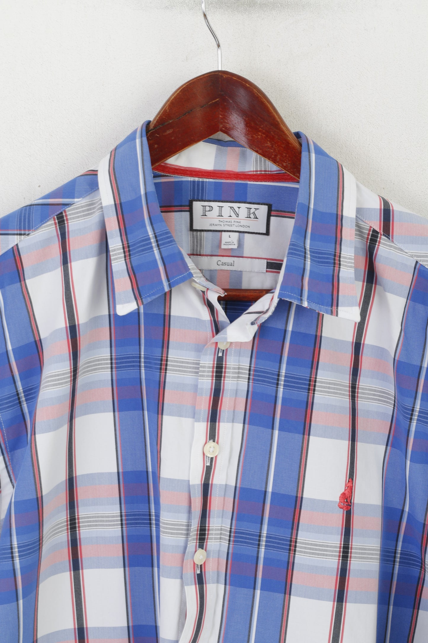 Thomas Pink London Men L Casual Shirt Blue Cotton Check Long Sleeve Top