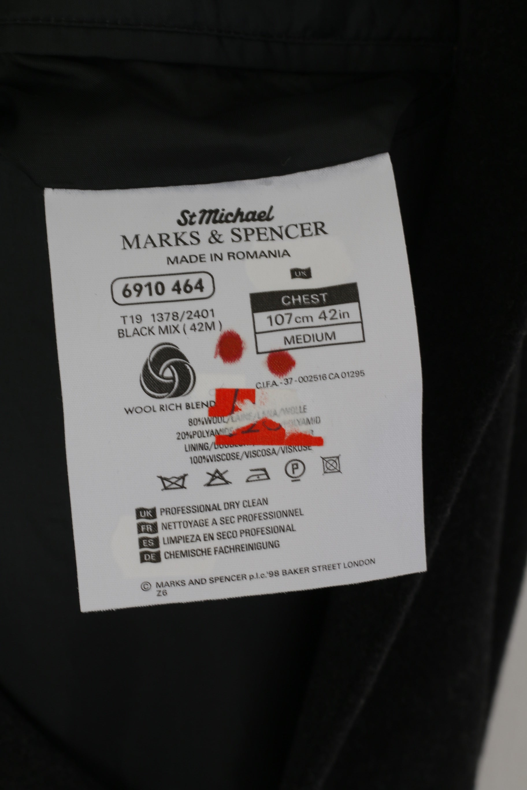 Marks &amp; Spencer Hommes 42 M Veste Charcoal Laine Riche Classique Manteau Simple Boutonnage