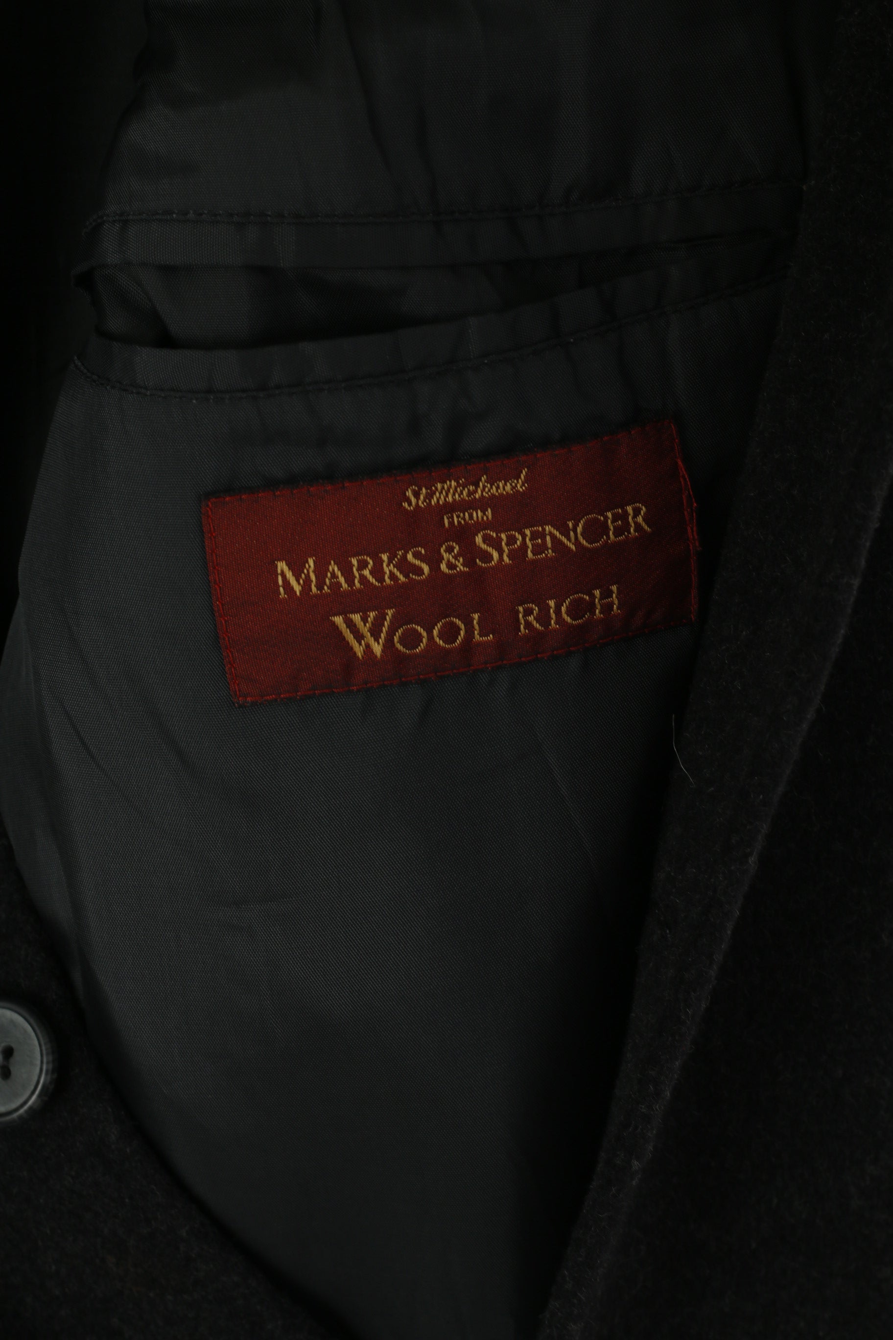 Marks &amp; Spencer Hommes 42 M Veste Charcoal Laine Riche Classique Manteau Simple Boutonnage