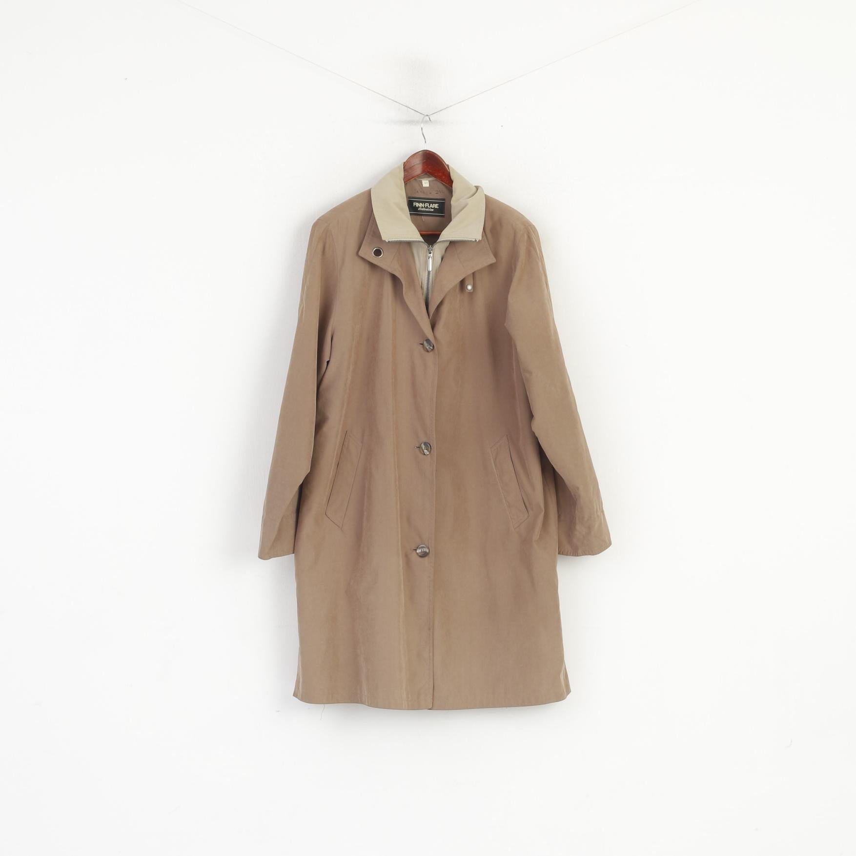 Finn-Flare Collection Women 40 L Coat Taupe Zip Up Shoulder Pads Retro Single Breasted Top