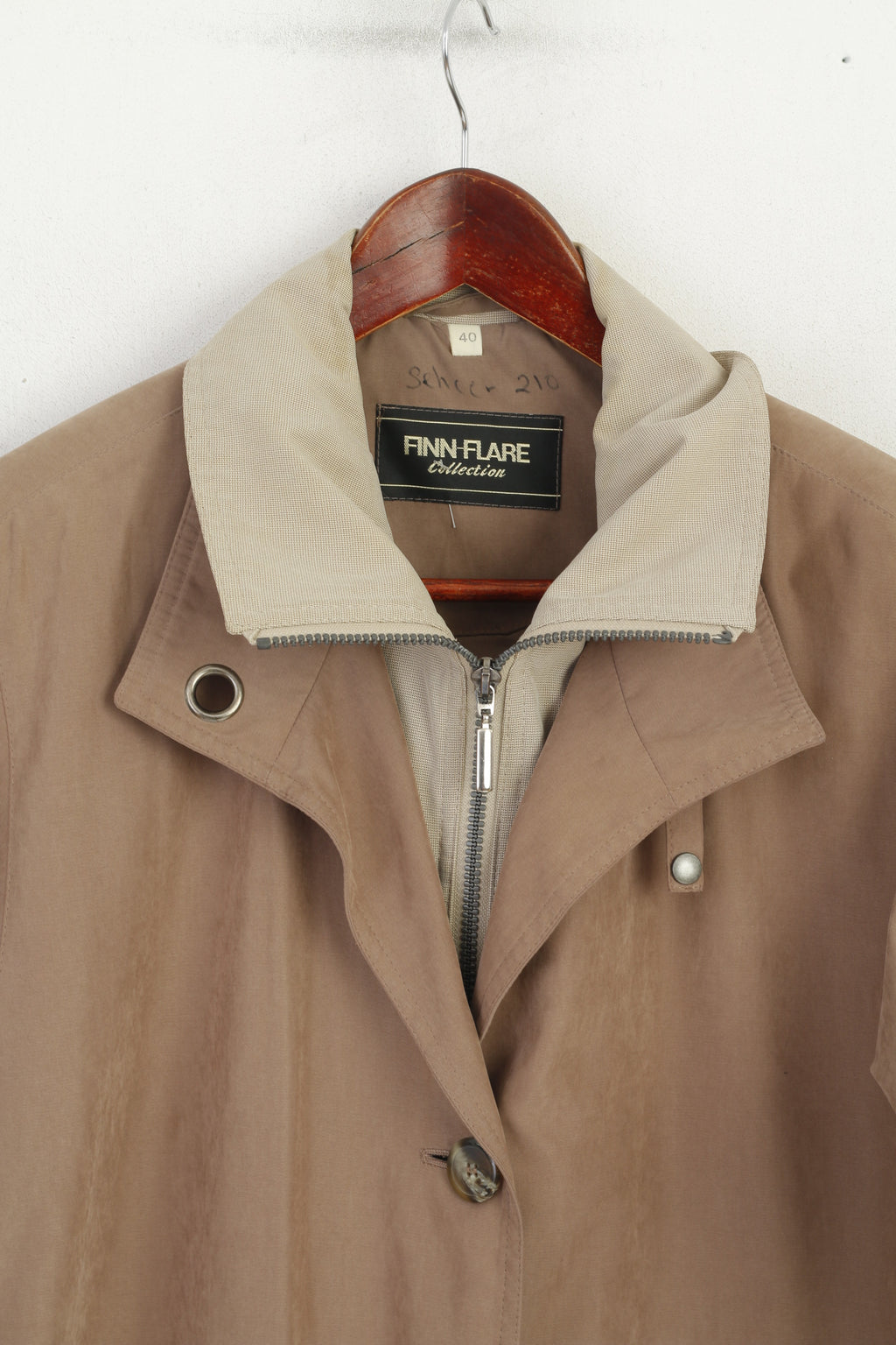 Finn-Flare Collection Women 40 L Coat Taupe Zip Up Shoulder Pads Retro Single Breasted Top