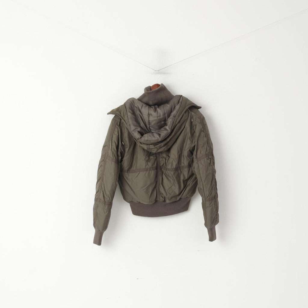 Teen & Ty Women L (M) Bomber Jacket Shiny Khaki Paded Cropped Nylon Waterproof Hood Top