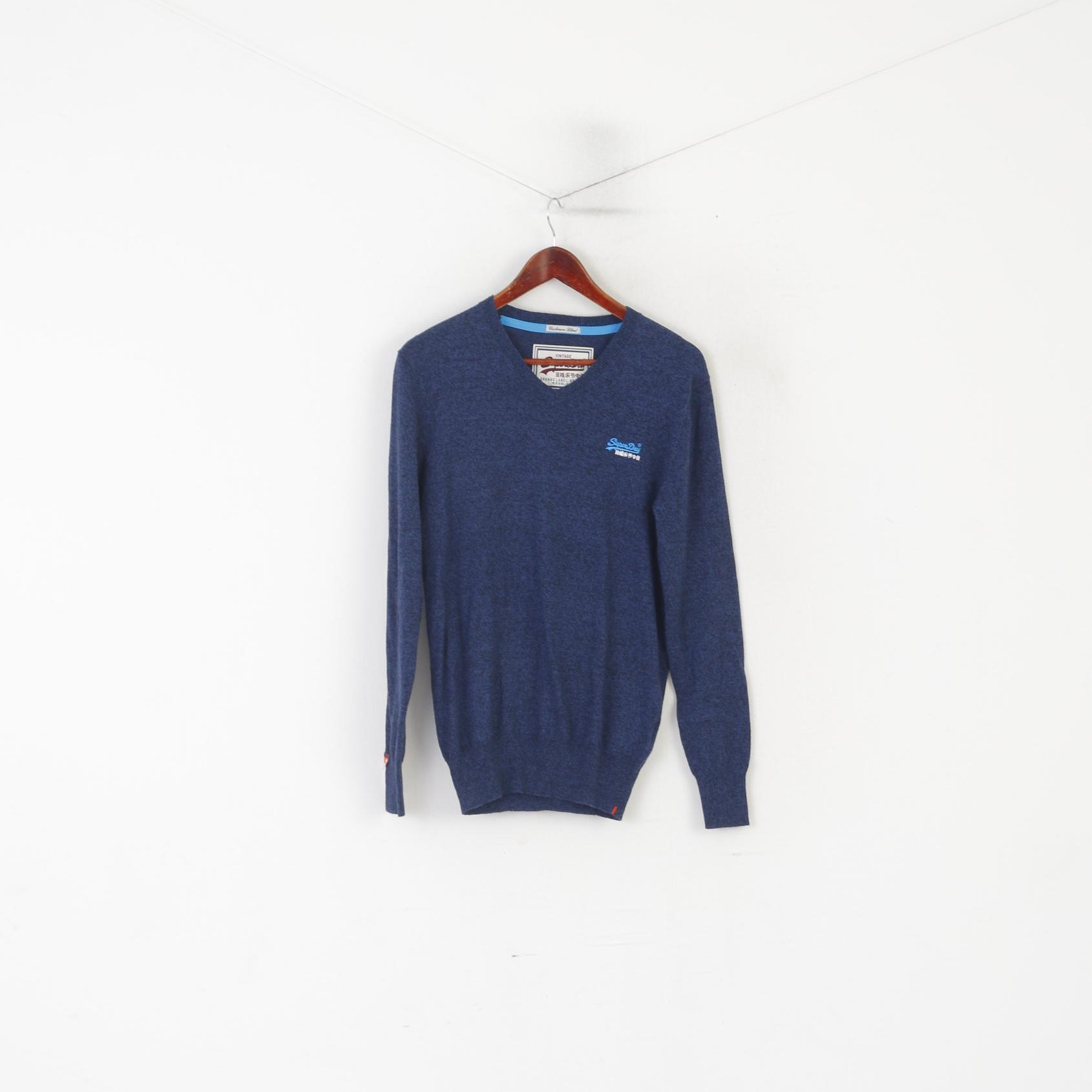 Superdry Homme S Jumper Bleu Coton Cachemire Mélange Col V Doux vintage Pull