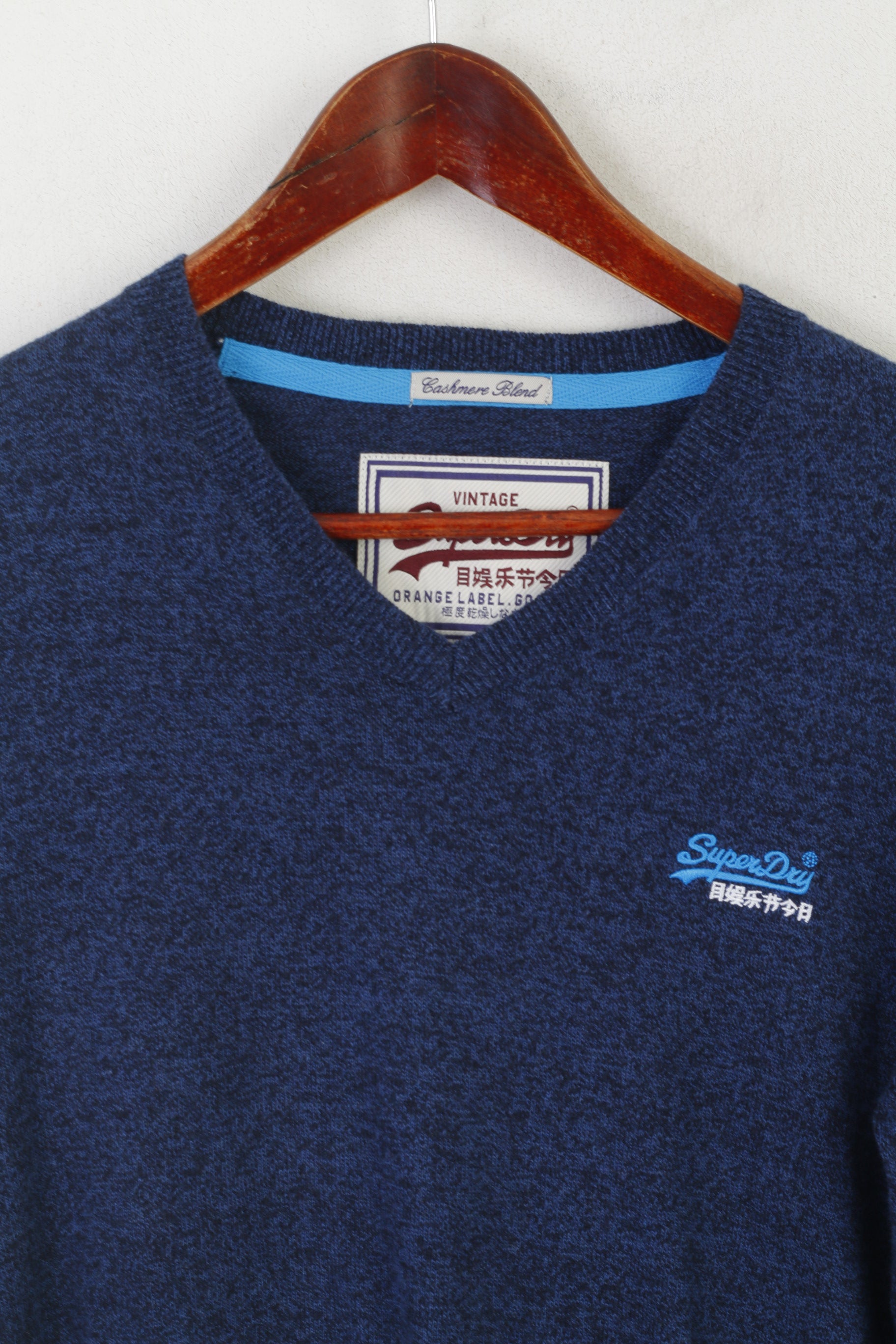 Superdry Homme S Jumper Bleu Coton Cachemire Mélange Col V Doux vintage Pull