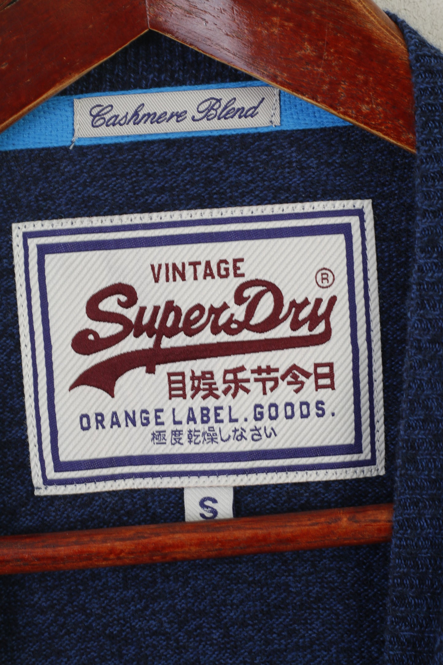 Superdry Homme S Jumper Bleu Coton Cachemire Mélange Col V Doux vintage Pull