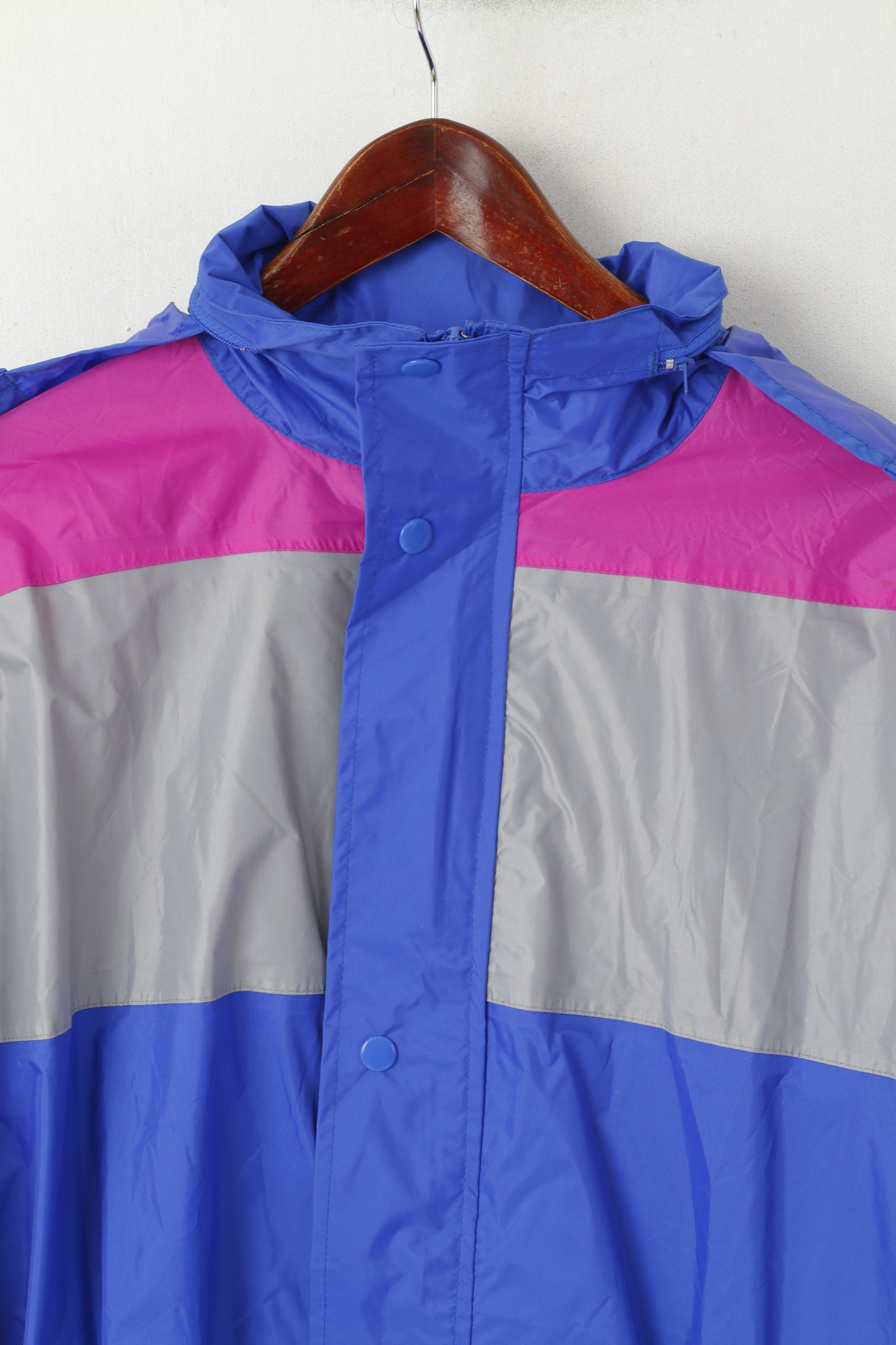 vintage Hommes L Veste Bleu Nylon À Capuchon Léger Anti-pluie Pleine Fermeture Éclair Haut