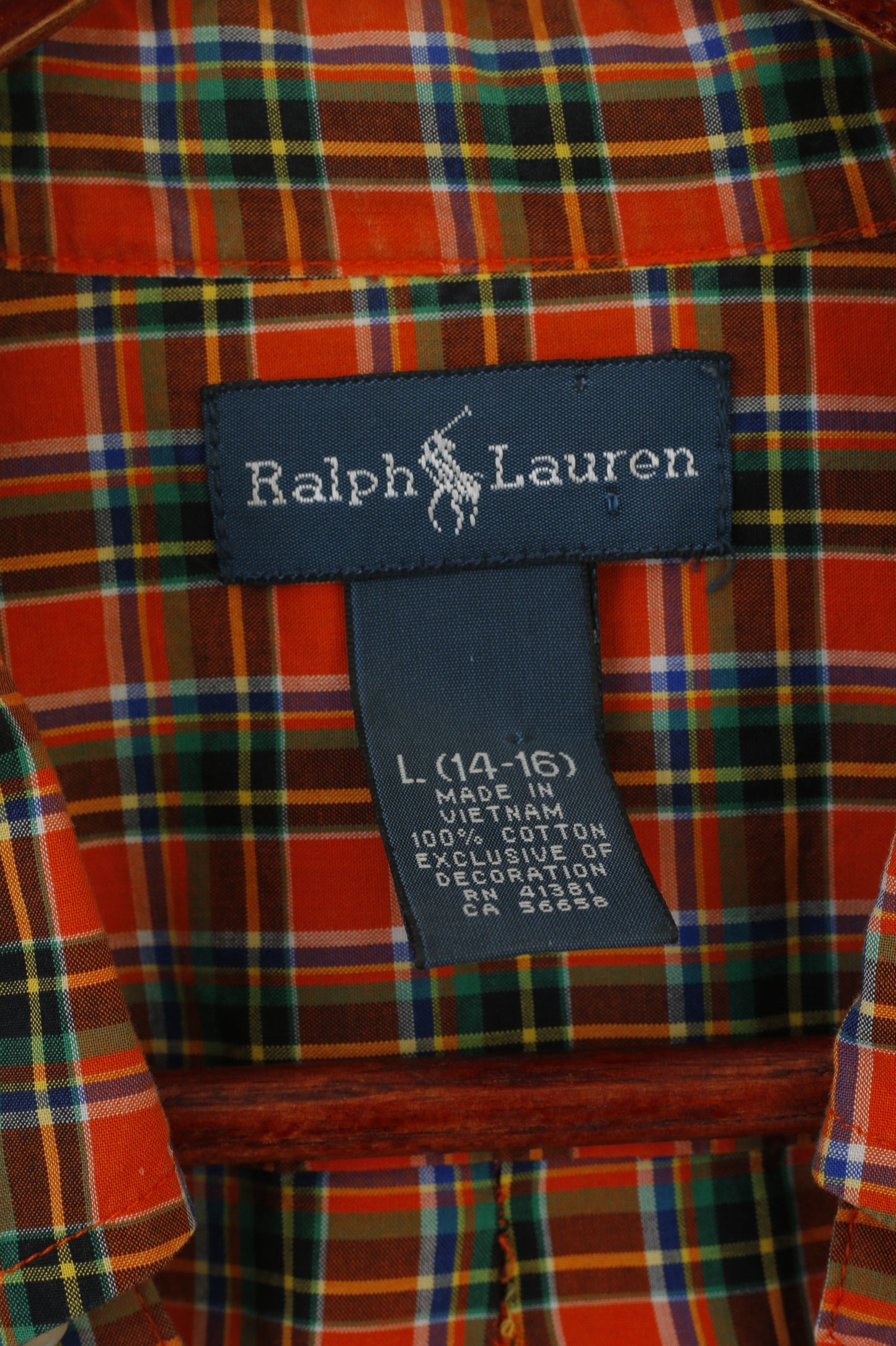 Ralph Lauren Boys L (14-16 Age) Casual Shirt Orange Check Cotton Long Sleeve Top