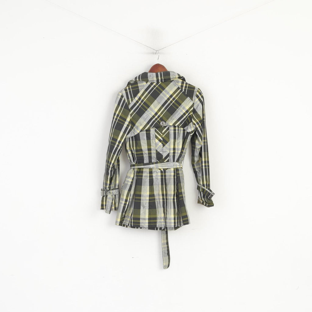 Sarosh Women S Coat Green Shiny Check Double Breasted Belted Classic Top