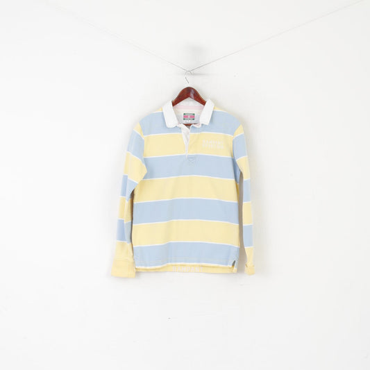 Rampant Sporting Men L (M) Polo Shirt Yellow Blue Striped Cotton Long Sleeve Top