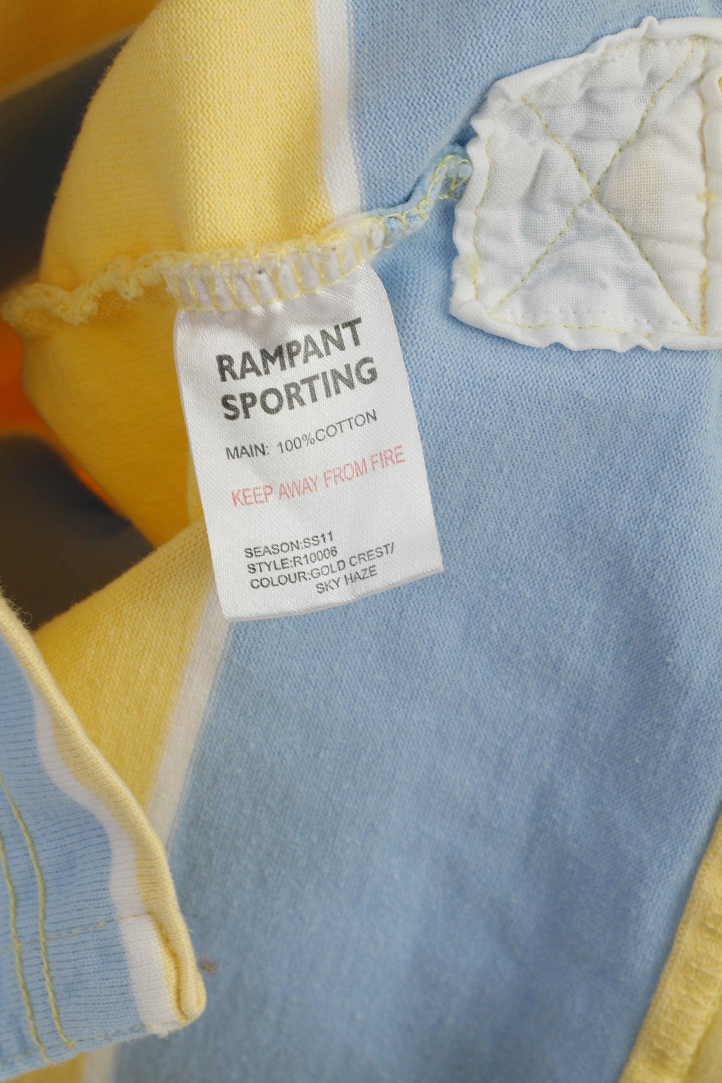 Rampant Sporting Men L (M) Polo Shirt Yellow Blue Striped Cotton Long Sleeve Top