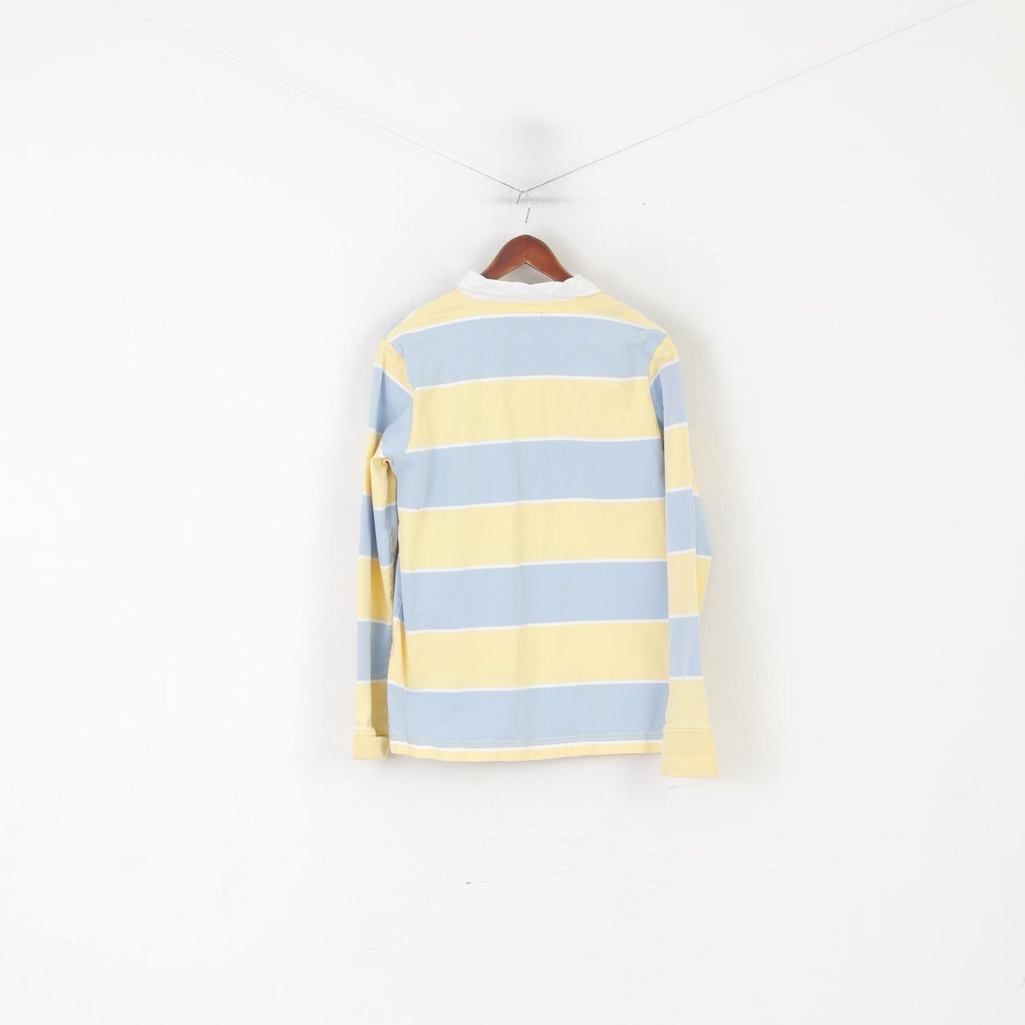 Rampant Sporting Men L (M) Polo Shirt Yellow Blue Striped Cotton Long Sleeve Top