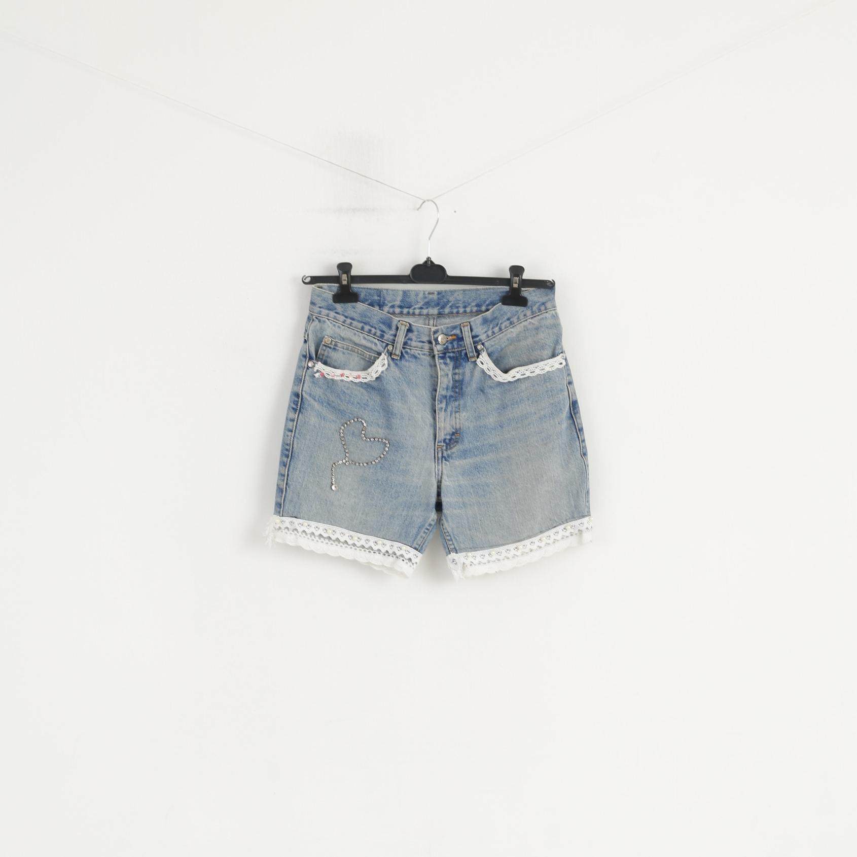 Mustang Jeans Women 32 Shorts Blue Handmade Denim Beads Cotton Summer