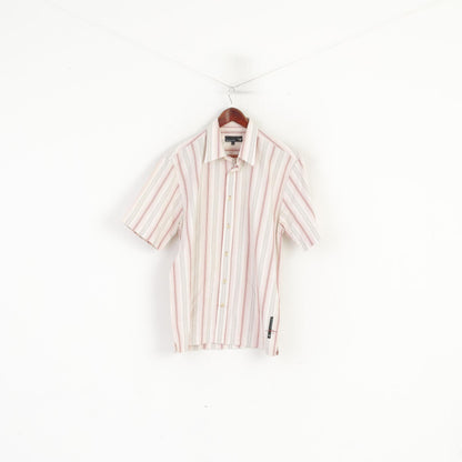 Duck and Cover Men L (M) Casual Shirt Beige Striped Armondo Style Short Sleeve Top