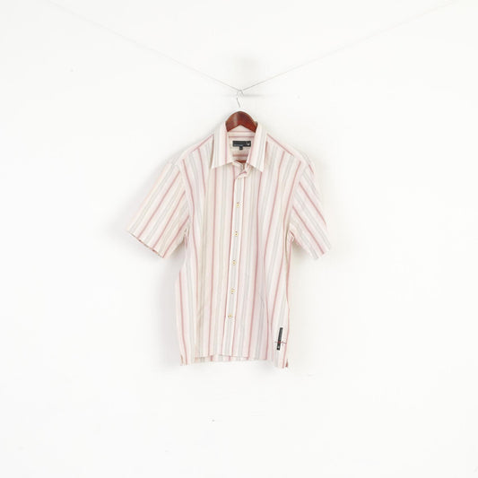 Duck and Cover Men L (M) Casual Shirt Beige Striped Armondo Style Short Sleeve Top