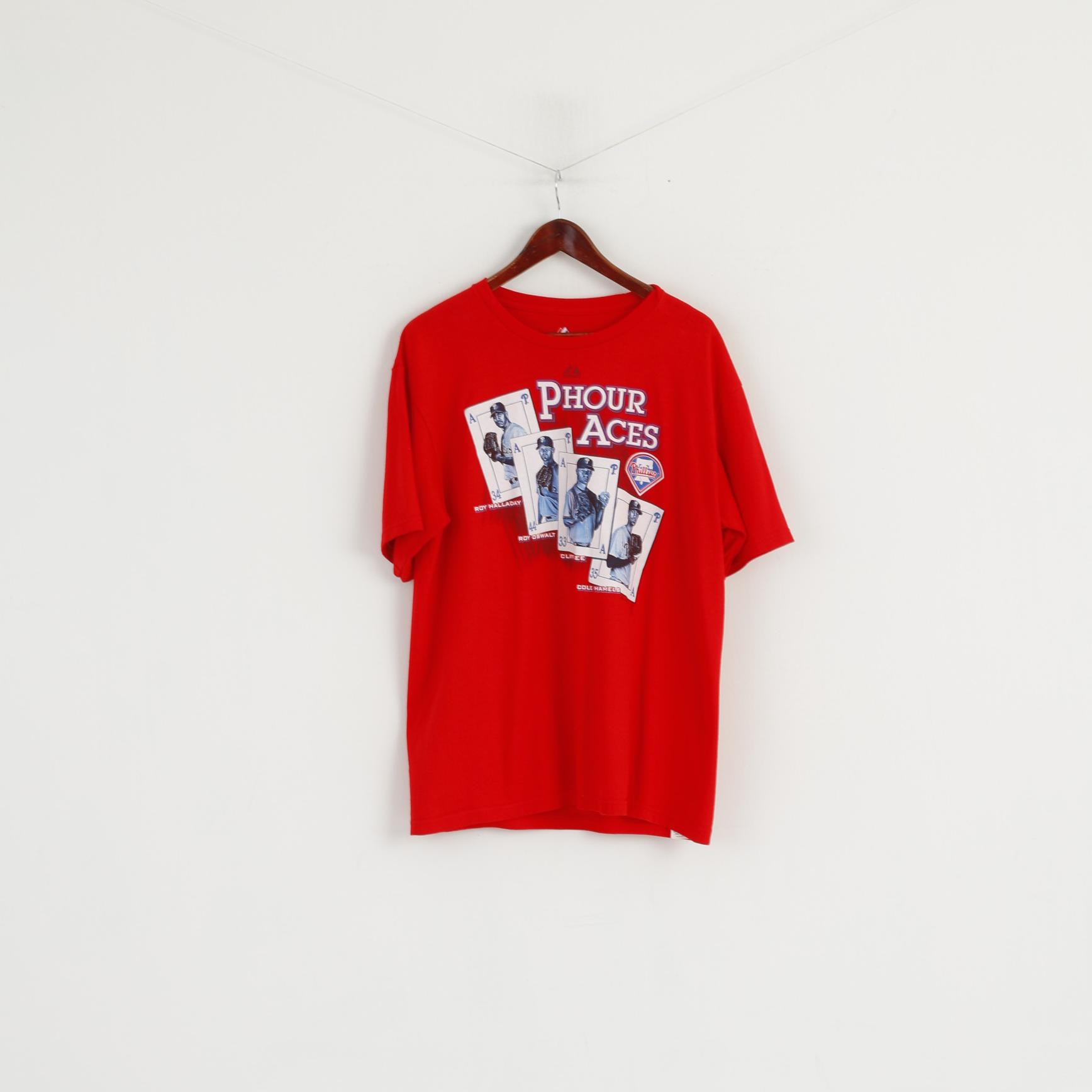 Majestic Men L Shirt Rouge Coton Phillies Baseball Phour Aces Haut à manches courtes