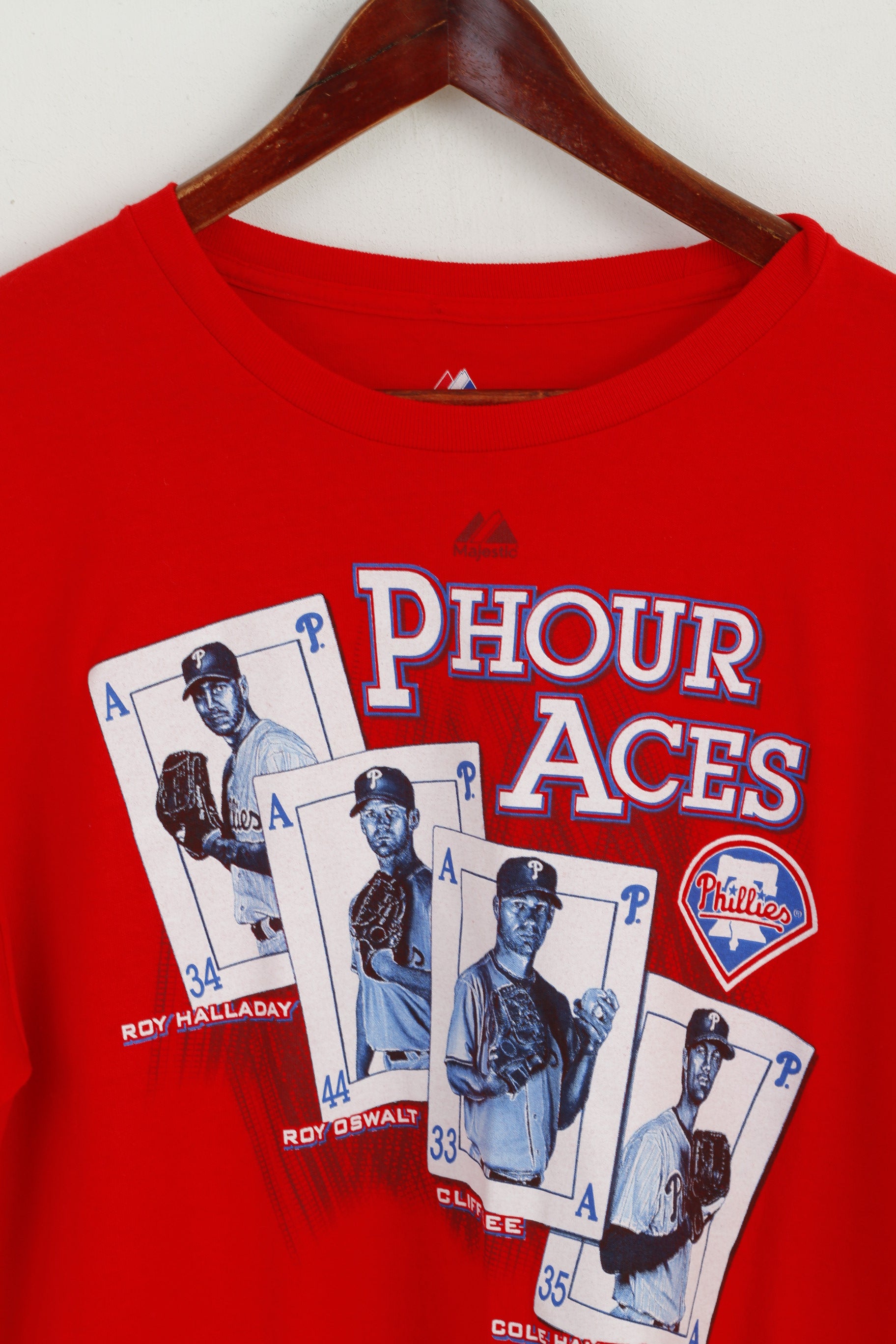 Majestic Men L Shirt Rouge Coton Phillies Baseball Phour Aces Haut à manches courtes