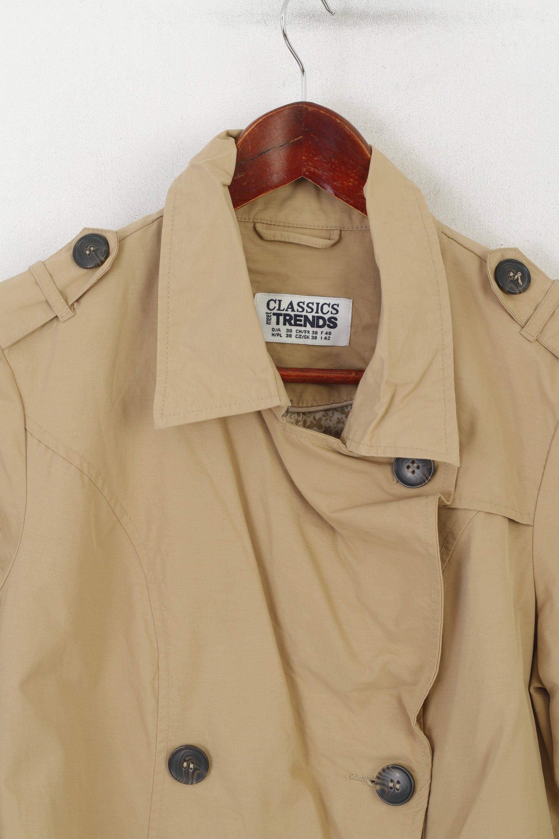 TCM Women 38 M Coat Beige Cotton Nylon Blend Classic Double Breasted Trench