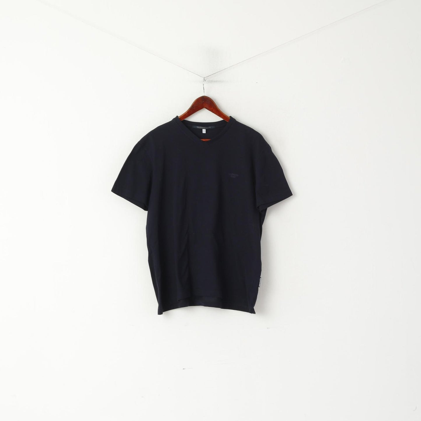 Valentino Jeans Men XXL 54 (L) Shirt Navy 100% Cotton V Neck Classic Logo Plain Top