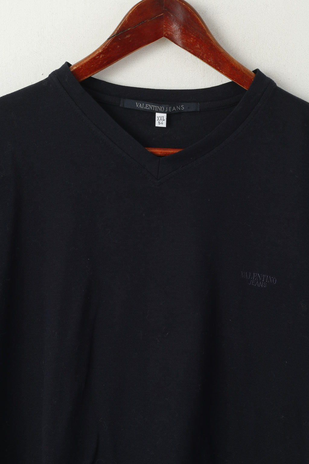 Valentino Jeans Men XXL 54 (L) Shirt Navy 100% Cotton V Neck Classic Logo Plain Top